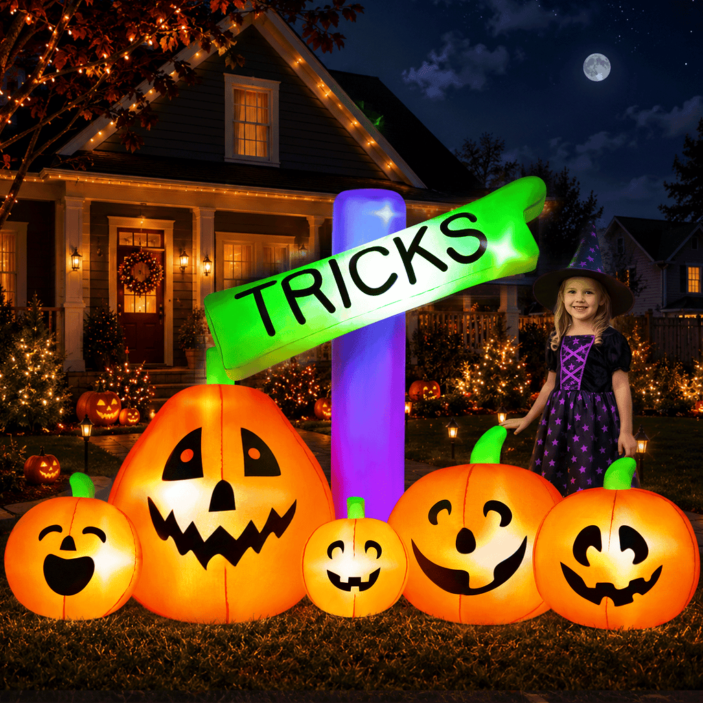 Yexmas 8ft Halloween Inflatable Pumpkins Outdoor Decor with Black Cat and Spectre,Built-in LED Lights,for Halloween Party,Yard,Garden,Lawn