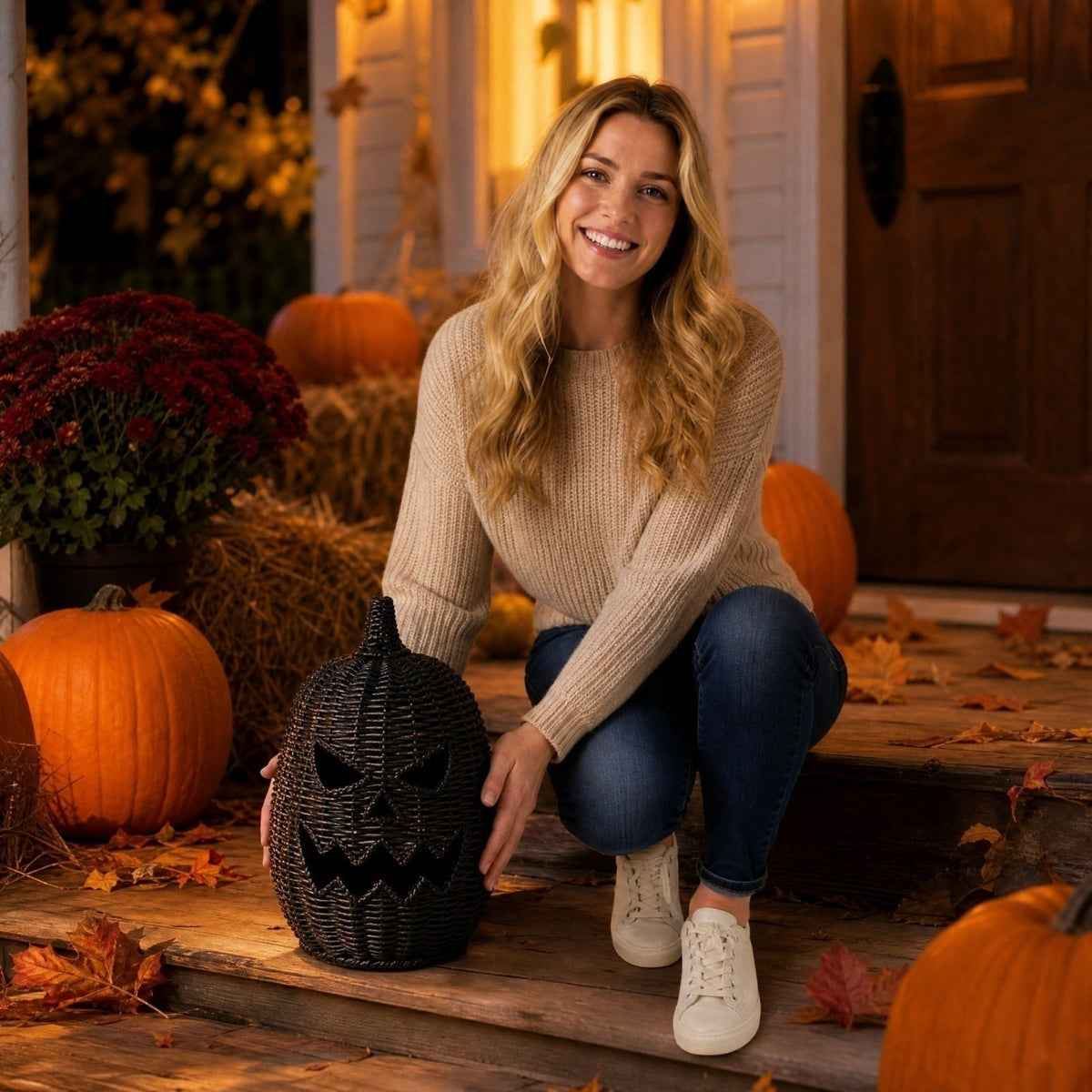 THOPBPRK 2026 Black Halloween Woven Pumpkin Jack-O'-Lantern, Halloween Decorations Pumpkin, USE LED Candle, Rattan Fall Halloween Decor for Home, 1Pack 11.8 Inch A