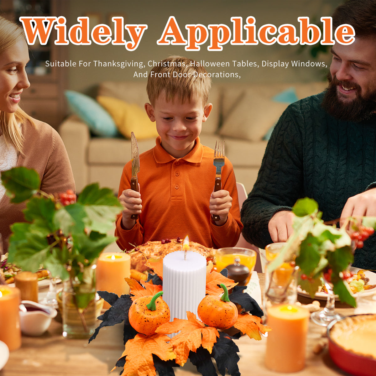 Halloween Candle Ring Wreath Halloween Table Centerpiece Black Orange Spooky Table Top Decoration Small Taper/Pillar Candle Rings Center for Party Favors 4 Pcs Design1
