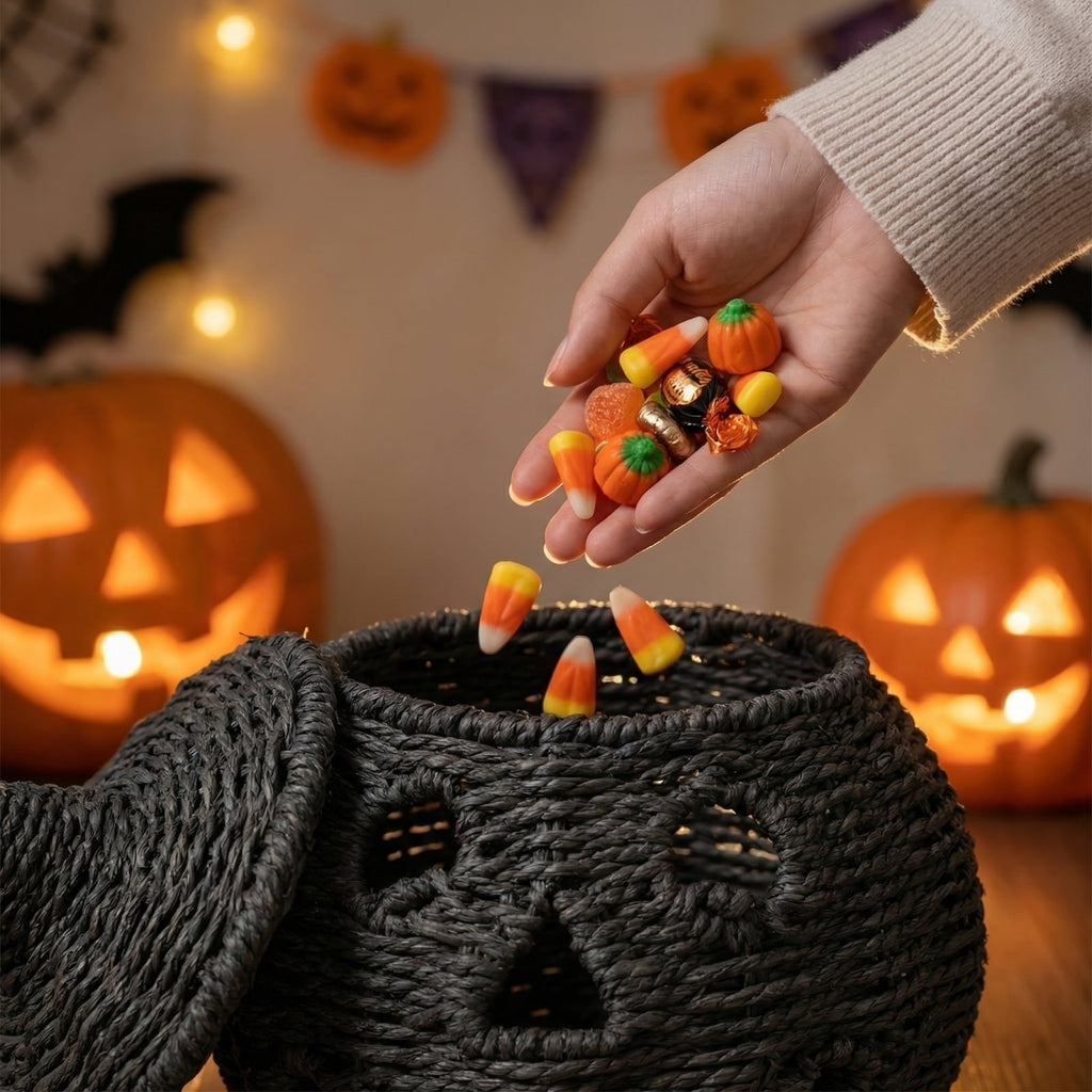 THOPBPRK 2026 Black Halloween Woven Pumpkin Jack-O'-Lantern, Halloween Decorations Pumpkin, USE LED Candle, Rattan Fall Halloween Decor for Home, 1Pack 11.8 Inch A