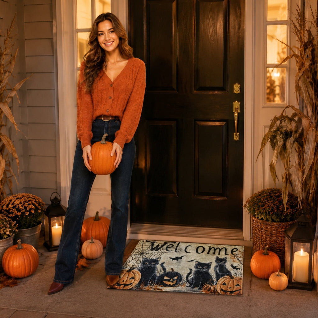 Halloween Dog Door Mat 16x24", Golden Retriever Ghost Pumpkin Welcome Rug for Porch, Halloween Outdoor Decorations