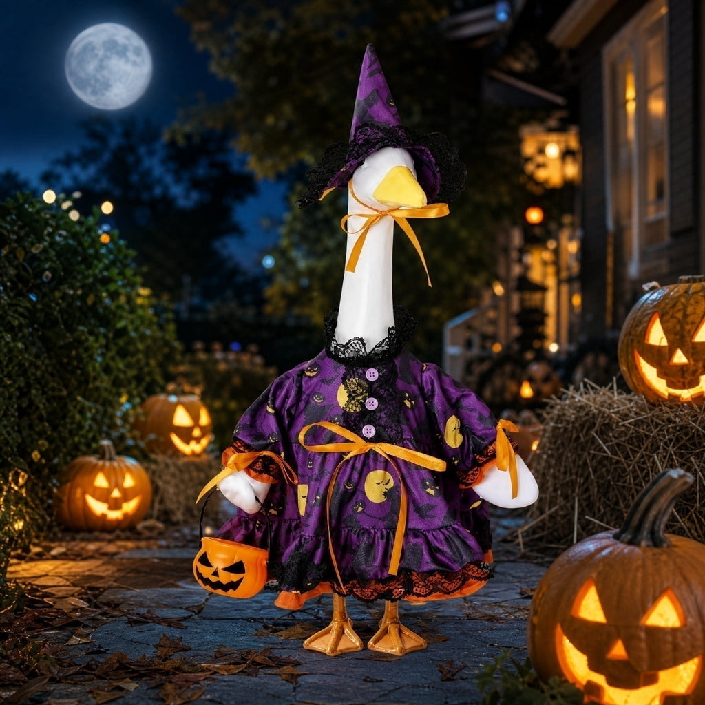 Halloween Garden Porch Decor, Porch Goose Outfits Halloween, 23 Inch Porch Goose Outfits, Witch Dress and Hat Set, Fits 23X11X26 Inch Standing Plush Goose for Front Porch Lawn