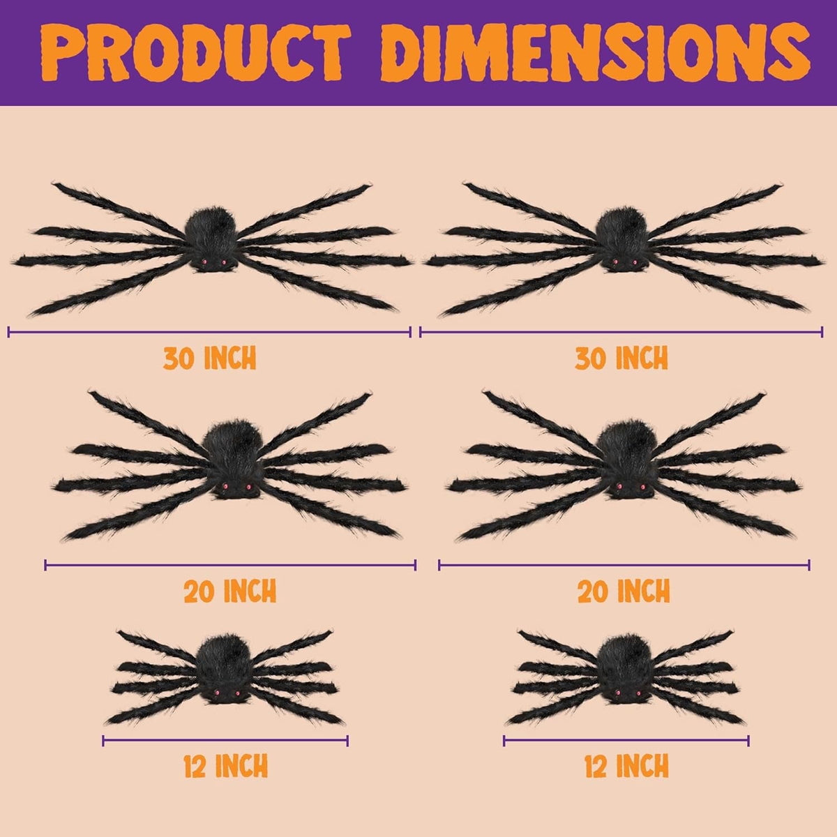 Joyfy 6 Packs Colorful Hairy Giant Spiders Halloween Decorations Outdoor,Multi-Size Outdoor Halloween Spider Decorations for Yard Lawn & Patio (30", 30", 20", 20", 12", 12")