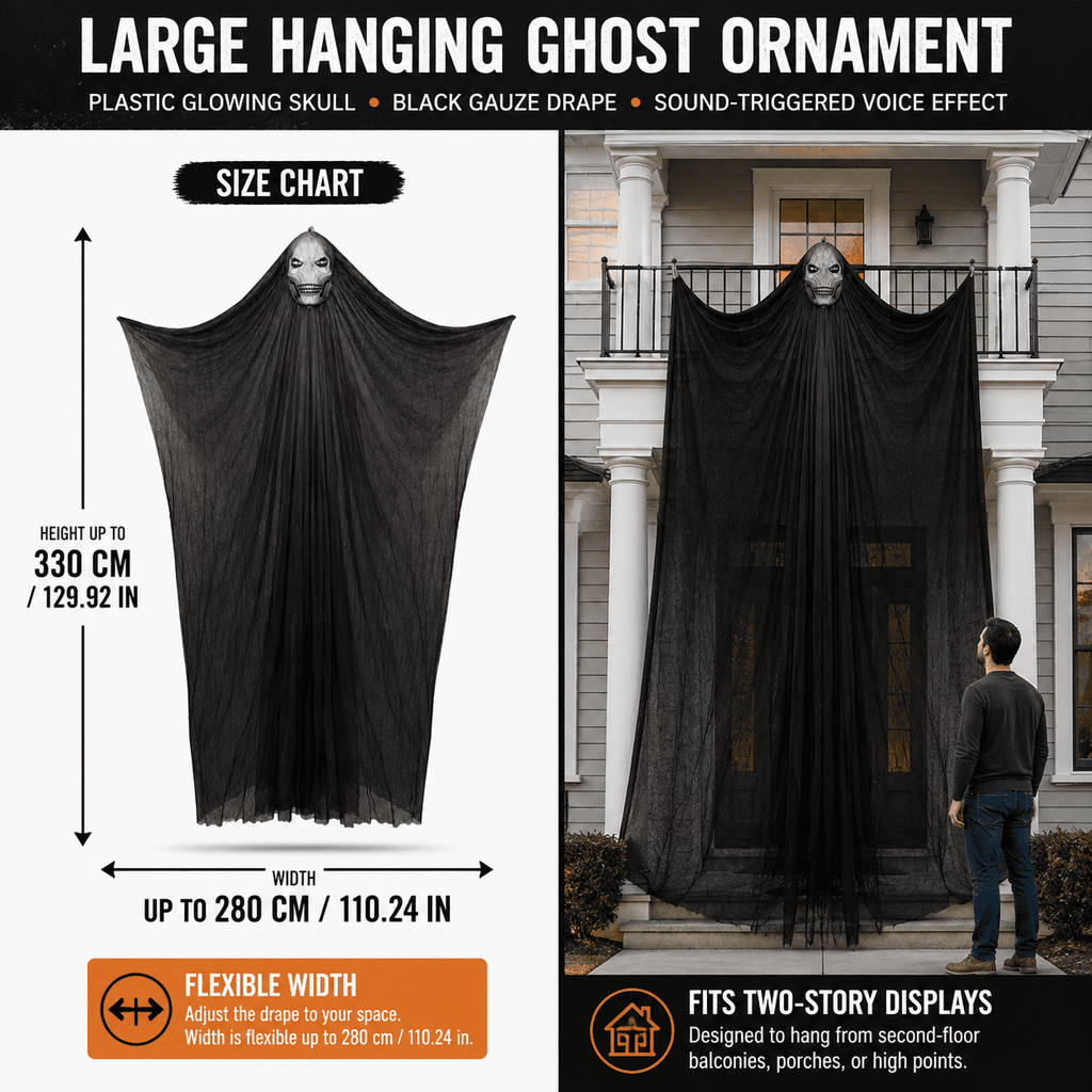 Diceymbol Halloween Decorations Outdoor, 10.83 ft Large Sound Activated Light up Skull Ghost Prop with Extra Long Black Gauze for Porch Entryway Tree Yard Party Decor