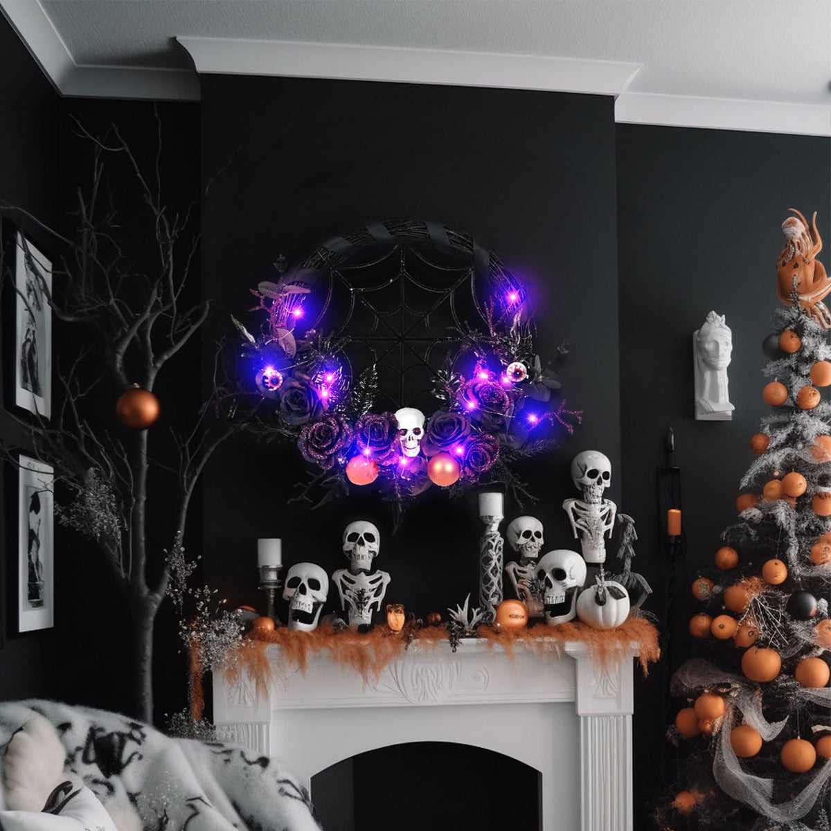 Bobomoti Halloween Wreath with LED Lights, Halloween Wreath with Flowers and Skulls for Front Door, Indoor Outdoor Halloween Home Party Decorations
