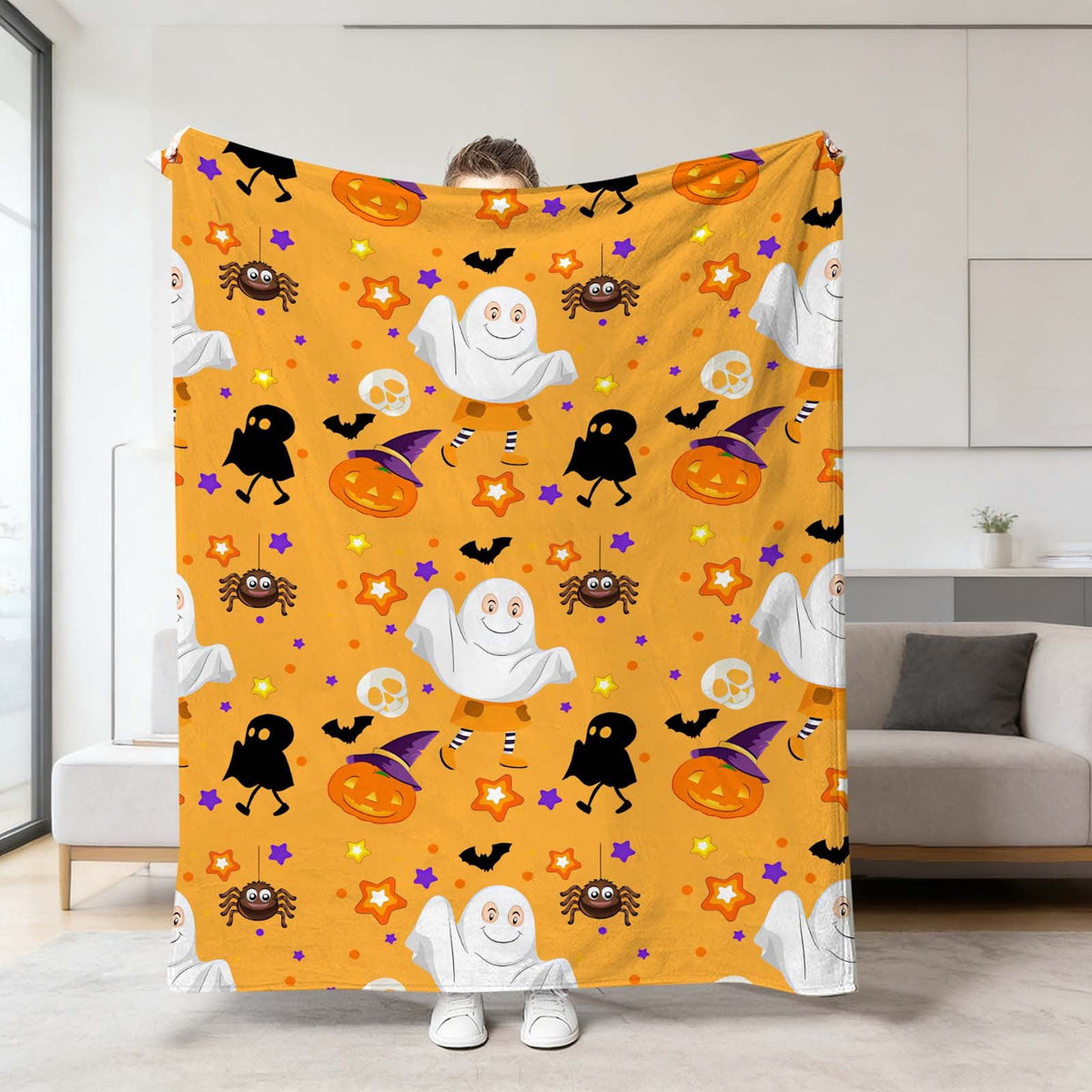 Halloween blanket,Halloween Print Throw Blanket Flannel Soft Cozy Decorative Nap Blanket with Ghost Pumpkin Skull for Office Bedroom Sofa Camping Travel(100x150cm/39x59 Inch),Black