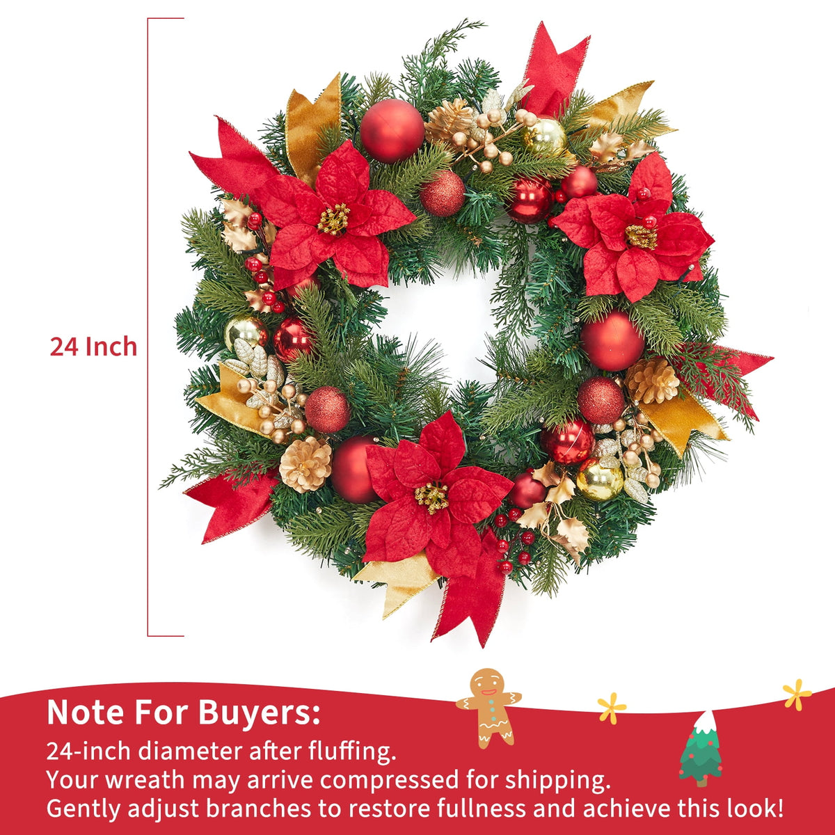 JoanKaren 24 inch Large Christmas Wreath Silver White with 20 LED Lights,Prelit Xmas Wreath w/ Ball Ornaments Pine Cone