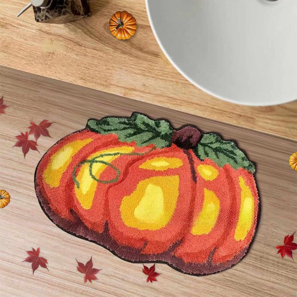 yulier Fall Pumpkin Bathroom Rug, Pumpkin Shape Bath Mat, Non-Slip Soft Kitchen Mat Doormat Orange Floor Mat Fall Decor, 24x16 Inch