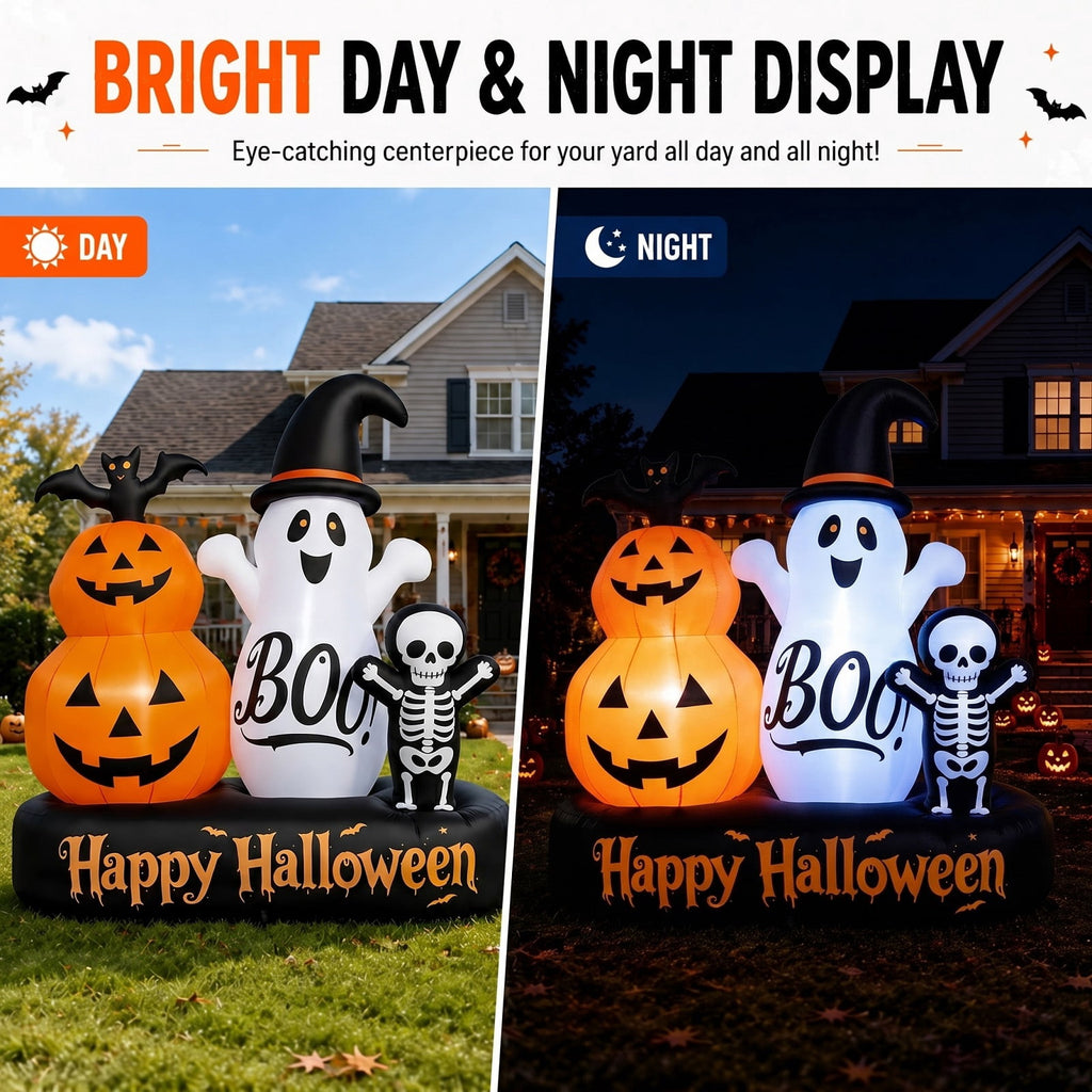6ft Halloween Inflatable Outdoor Decorations, Lighted Pumpkin Ghost Skeleton with Bat, Built-in LED Lights, Blow Up Halloween Yard Decoration for Lawn, Porch & Party