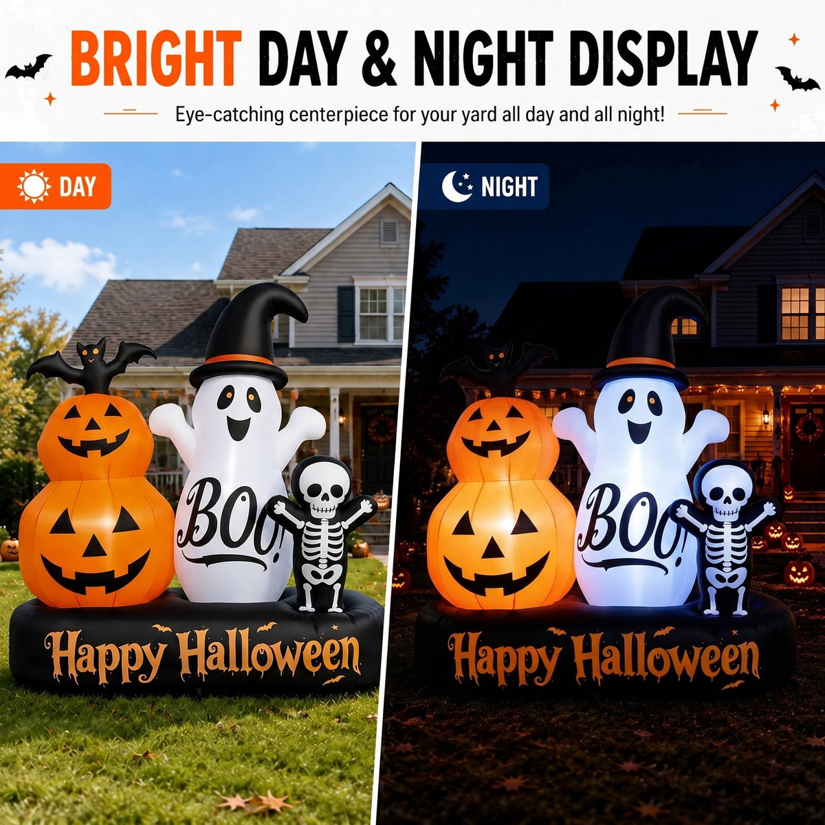 6ft Halloween Inflatable Outdoor Decorations, Lighted Pumpkin Ghost Skeleton with Bat, Built-in LED Lights, Blow Up Halloween Yard Decoration for Lawn, Porch & Party