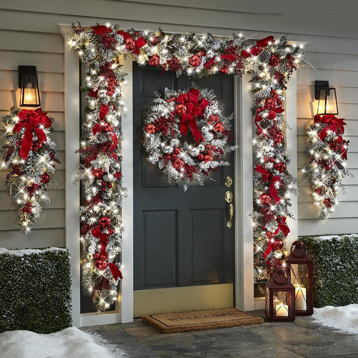 Opehuo Christmas Wreath Outdoor,Artificial Christmas Garland for Front Door with Red Flocking Bowknot,Pine Cones,Red Berries,Indoor and Outdoor Christmas Decorations(B)