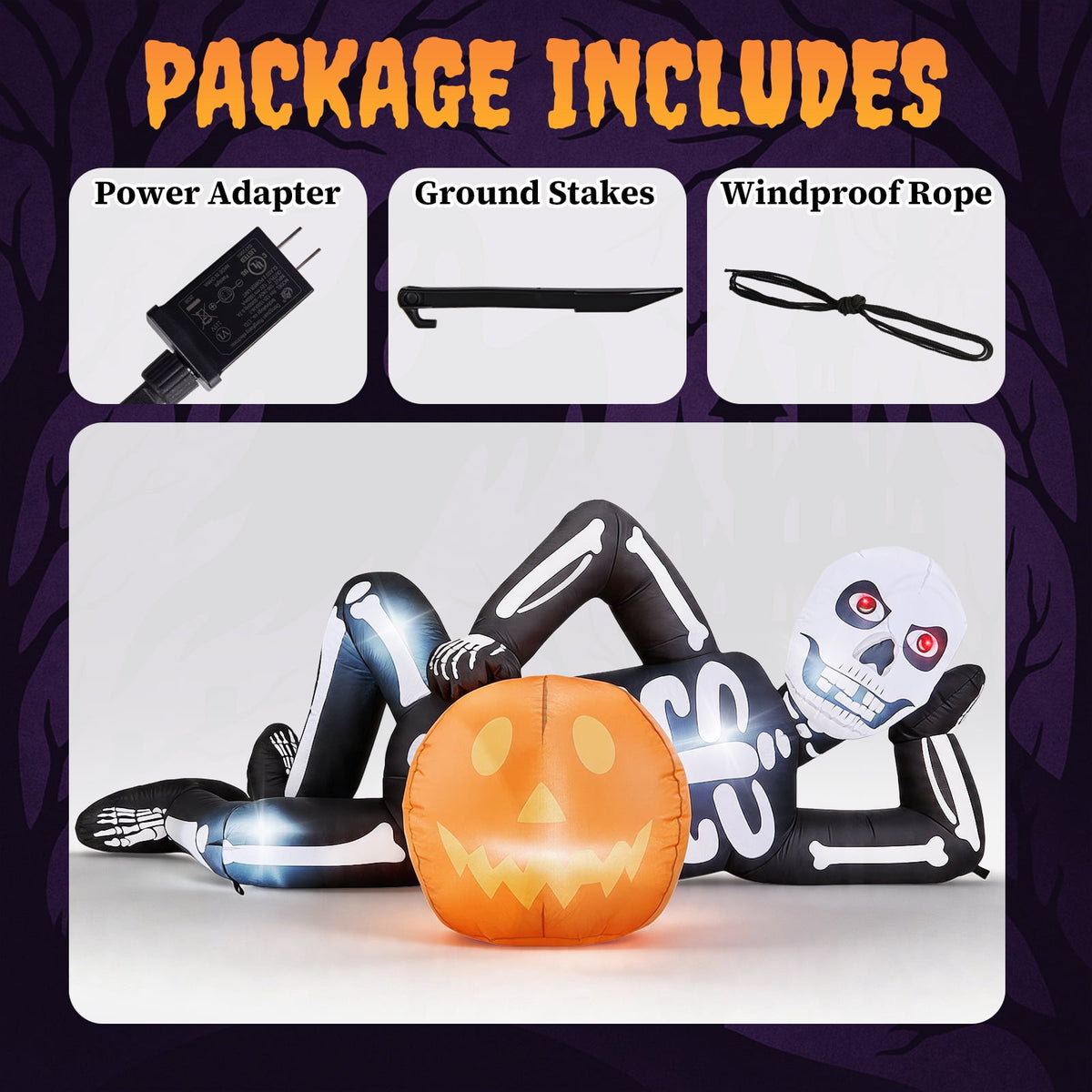 Ktaxon 7' Halloween Inflatables Skeleton Outdoor Halloween Decoration Reclining Skeleton with Pumpkin,Built-In LED Lights