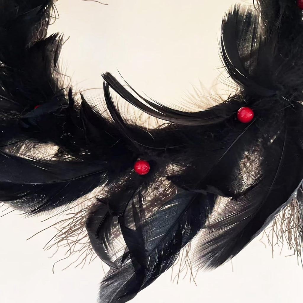 Halloween Wreaths with Light, 16in Black Feather Wreath, Wreaths for Front Door, Halloween Decorations Props for Door, Porch, Window,Indoor and Outdoor
