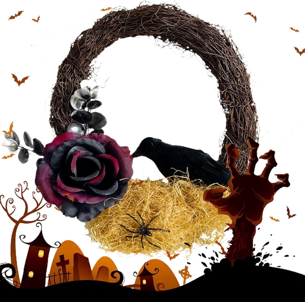 Halloween Wreath, 10 Inch Halloween Garland with Crow Vines, Artificial Dead Branch Wreath with LED Light, Halloween Home Party Decor Sturdy Build, for Porch Window Wall Decor
