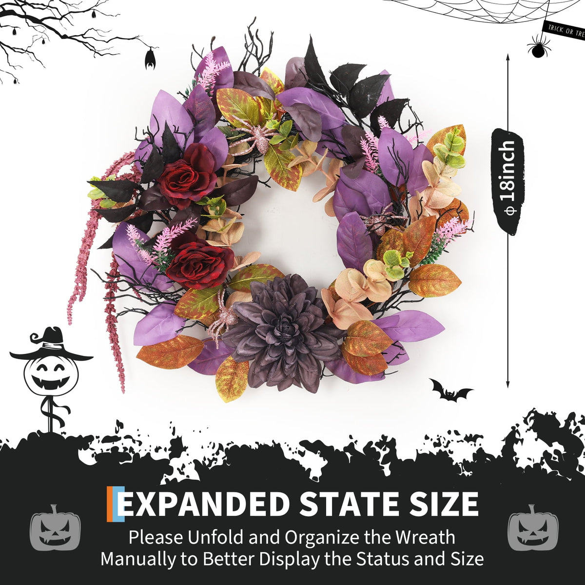 Halloween Wreath, Halloween Decorations Prelit Front Door Wreath for Indoor Wall Window Decor（18/20/22 Inch）