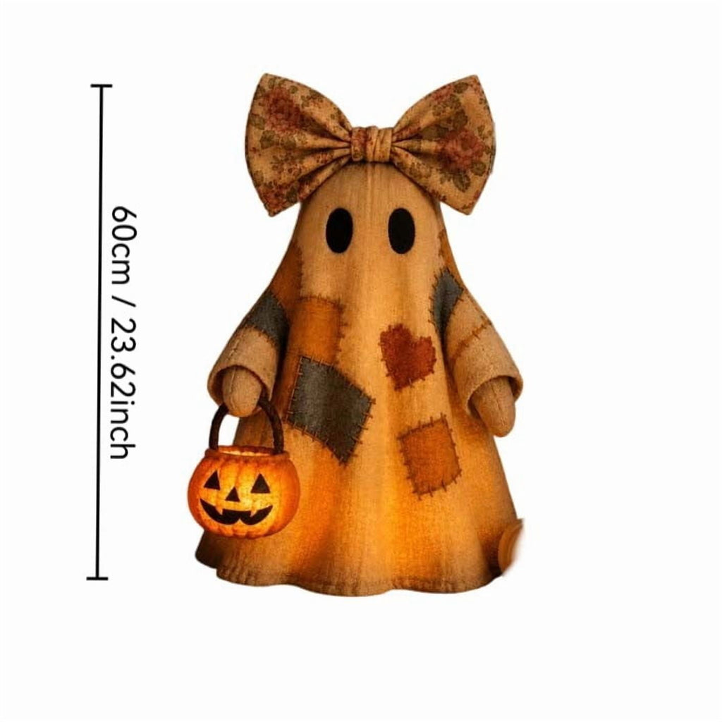Vintage Patchwork Ghost,Halloween Decor Gifts Under 20 Vintage Patchwork Ghost with Lighted Pumpkin Lantern, LED Glowing Halloween Figurine, Rustic Fall Decor for Mantel Porch