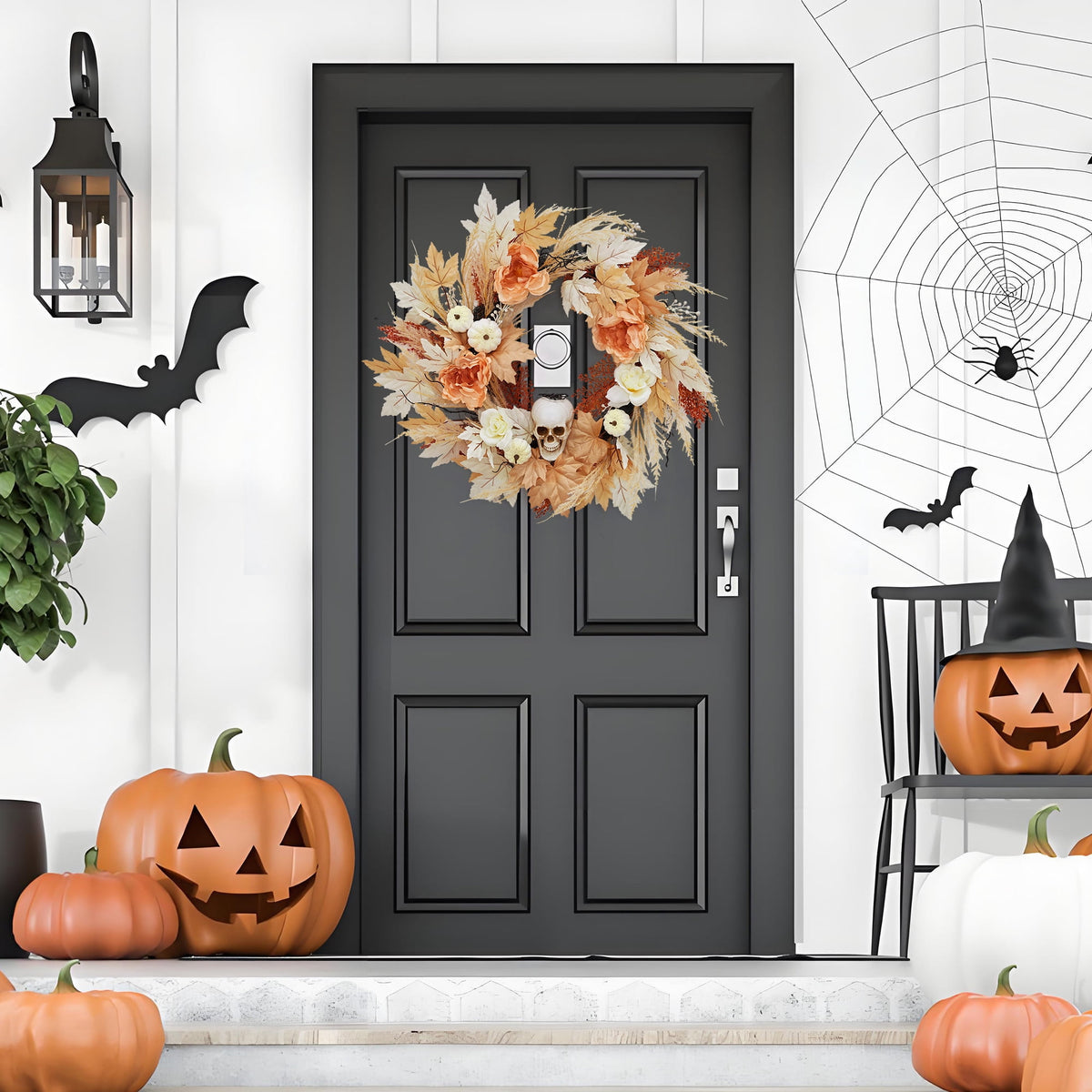 24 in Halloween Wreaths for Front Door.Fall Pumpkin Maple Leaves Wreath with Spooky Skeleton.Fall Halloween Door Decor. Outdoor Wreath for Porch Wall Window Decorations