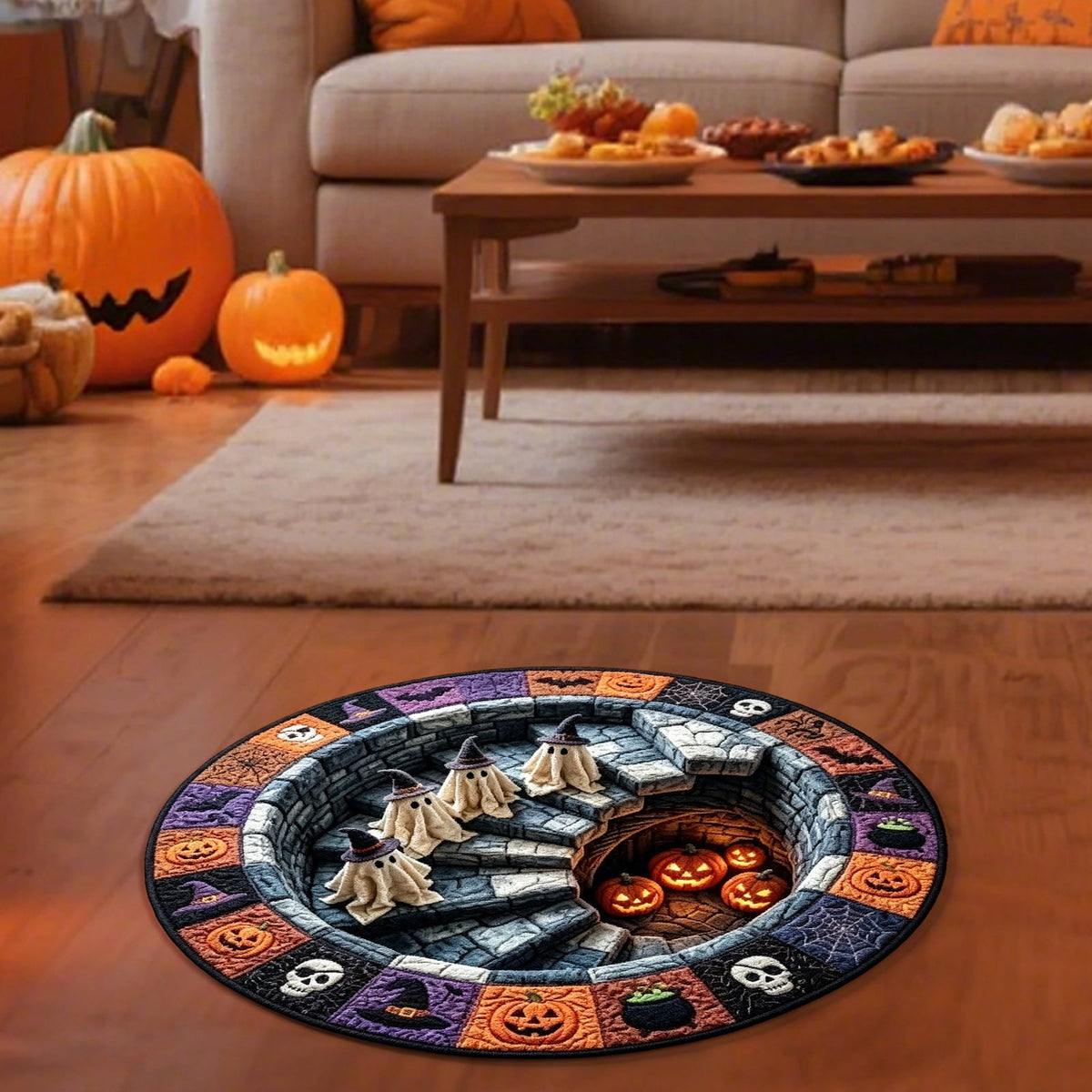 Halloween Round Rug Optical Ghost Pumpkin Mat 15.75in Diameter Polyester Skidproof & Soft for Entryway Bedroom Party by MPOISVA