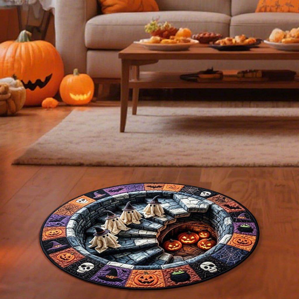 3D Optical Illusion Halloween Round Rug – Spooky Ghost Pumpkin Design, Non Slip Rubber Backing Doormat for Entryway Bedroom, Machine Washable Floor Mat Home Decor