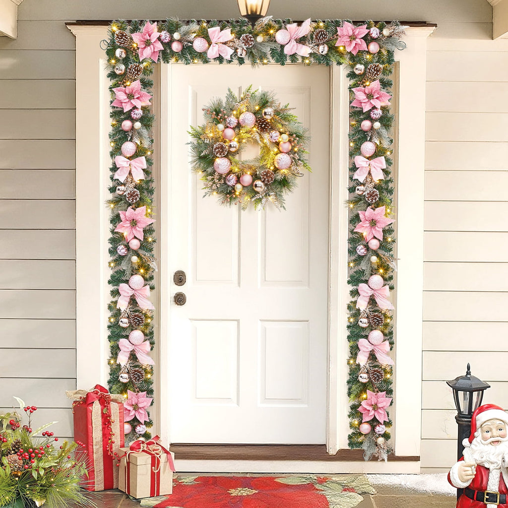 JoanKaren 24 inch Large Christmas Wreath Silver White with 20 LED Lights,Prelit Xmas Wreath w/ Ball Ornaments Pine Cone