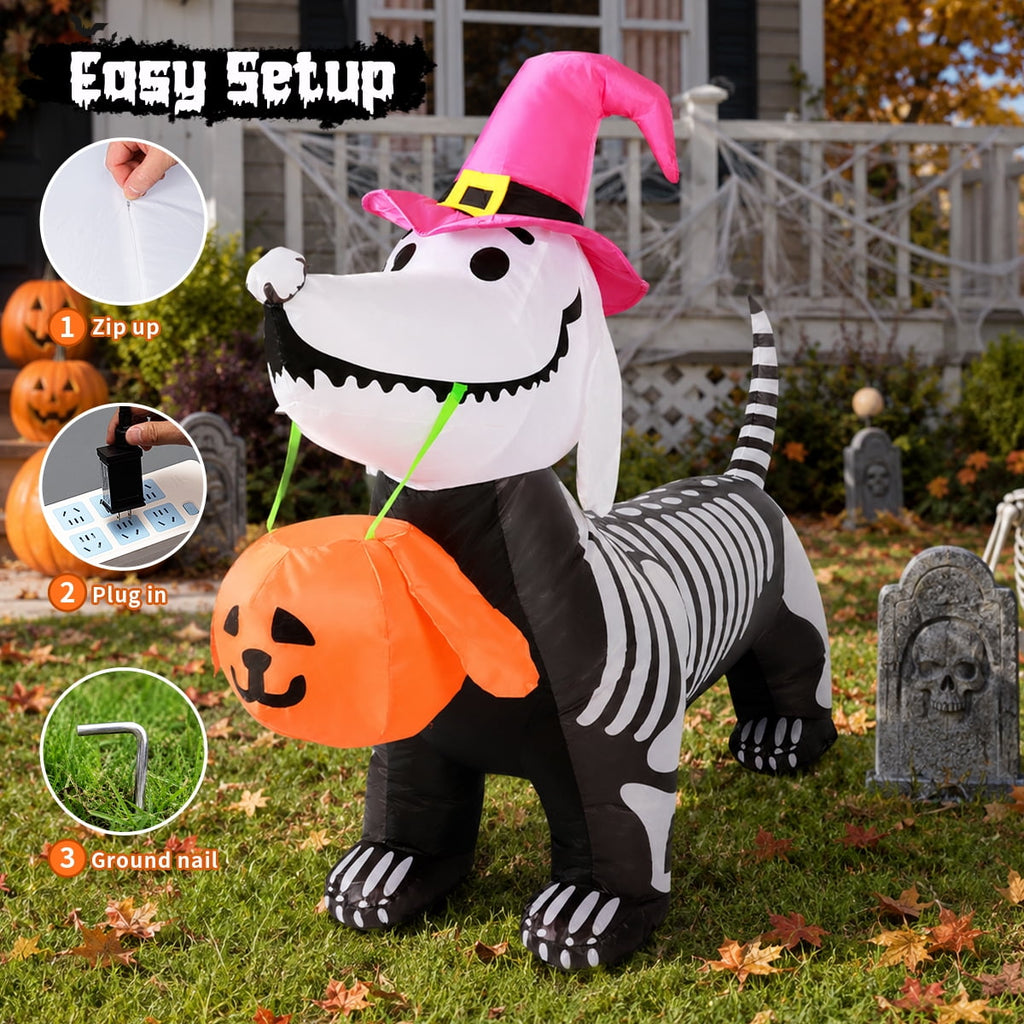 GOOSH Halloween Inflatables 5.7 FT Halloween Inflatable Dog with Build-in LEDs, Inflatable Skeleton Dachshund Dog Halloween Skeleton Puppy Inflatable, Outdoor Halloween Decorations for Holiday Party