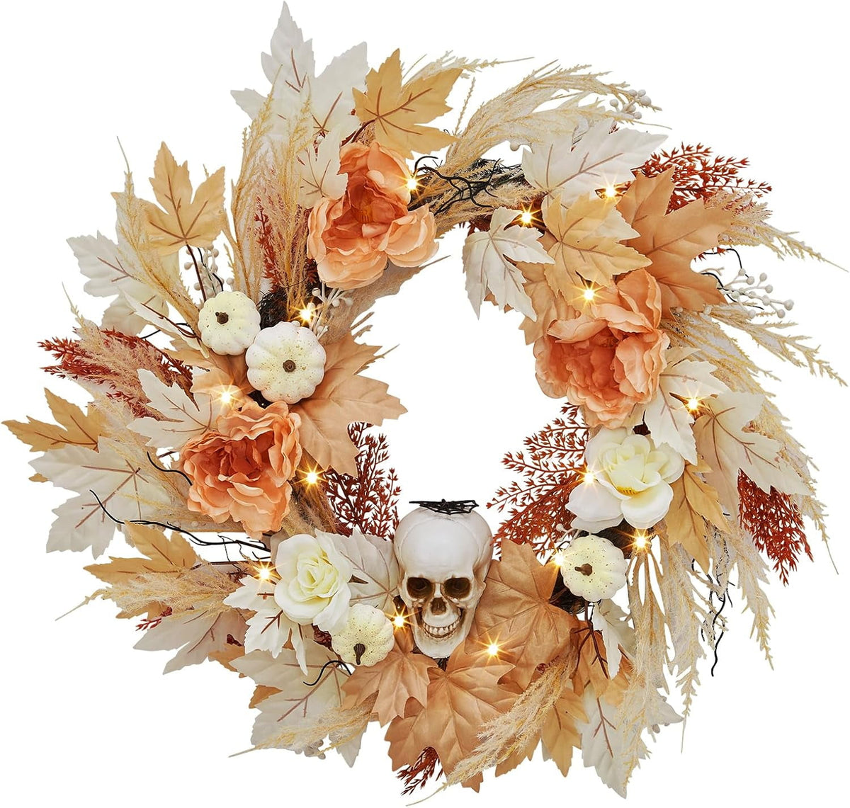 HELLONE 22 Inch Halloween Wreath for Front Door, Halloween Skull Wreath with Lights White Pumpkins Roses, Halloween Decorations Fall Maple Leaves Wreath for Porch Window Indoor Outdoor Decor