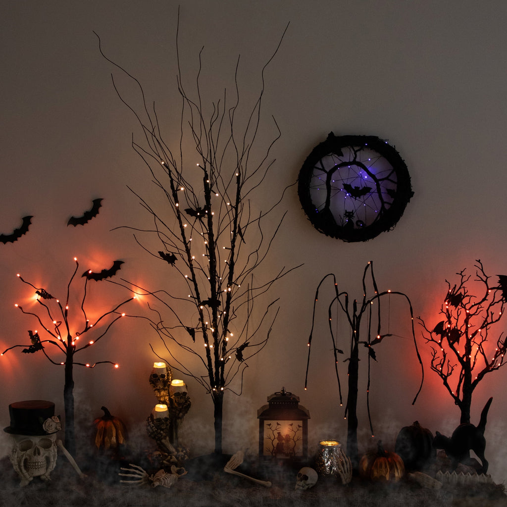 Northlight LED Lighted Black Twig and Bats Small Halloween Wreath - 13" - Purple Lights