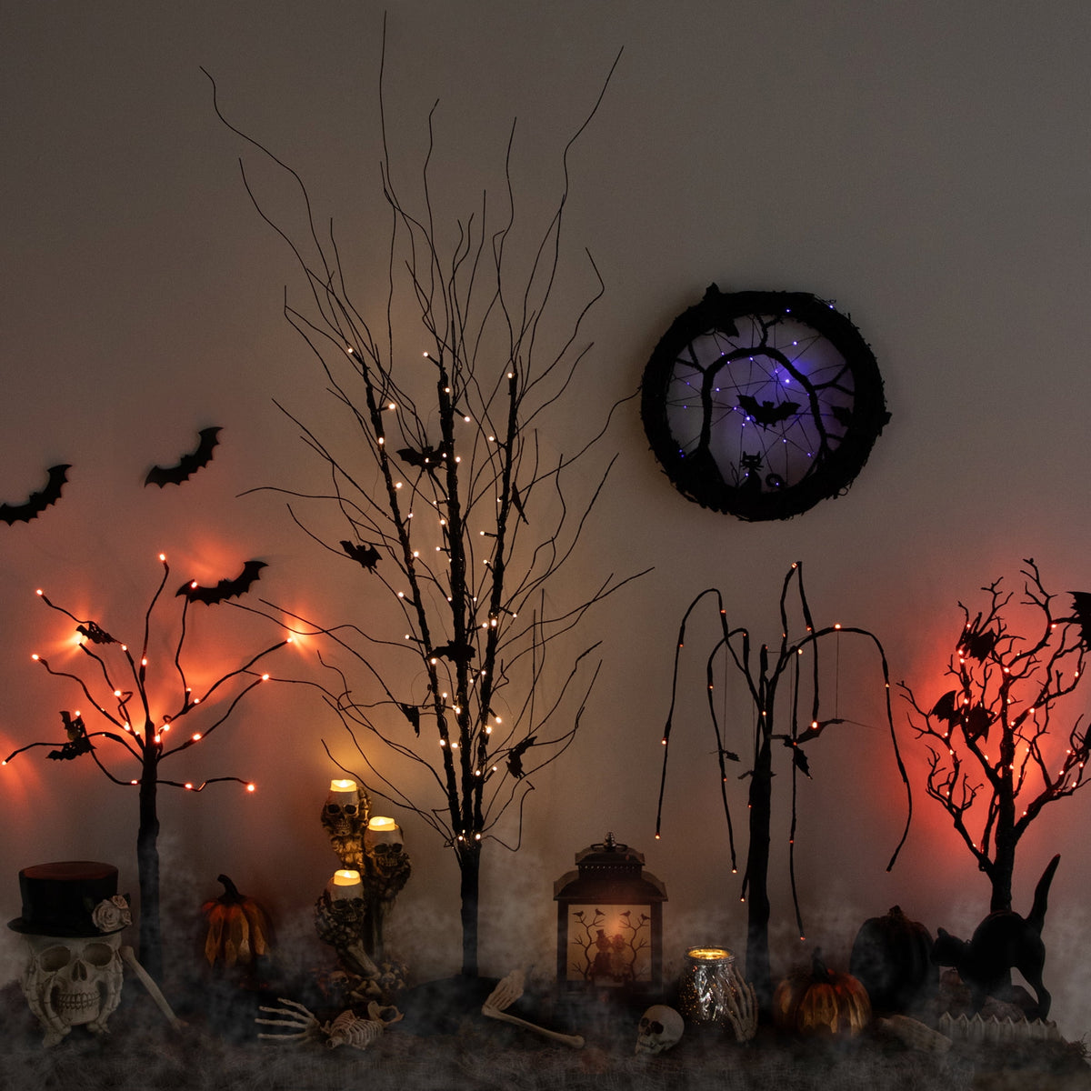Northlight LED Lighted Black Twig and Bats Small Halloween Wreath - 13" - Purple Lights