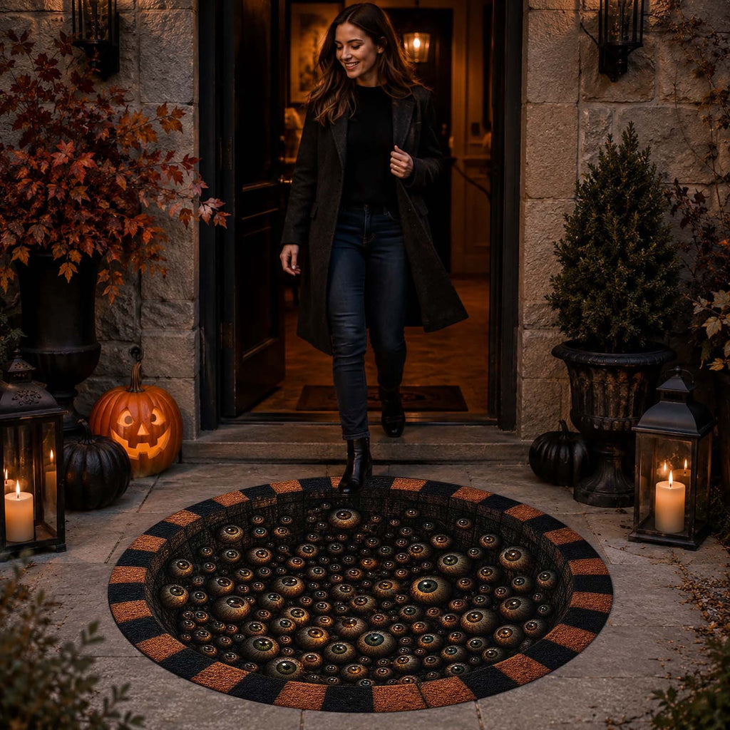 Win s Way 3D Illusion Round Halloween Rug Optical Illusion Doormat Non- Washable Entryway Decor Spooky Fall Front Door Mat for Party Decoration Available in 15.8/23.6/31.5 Inch