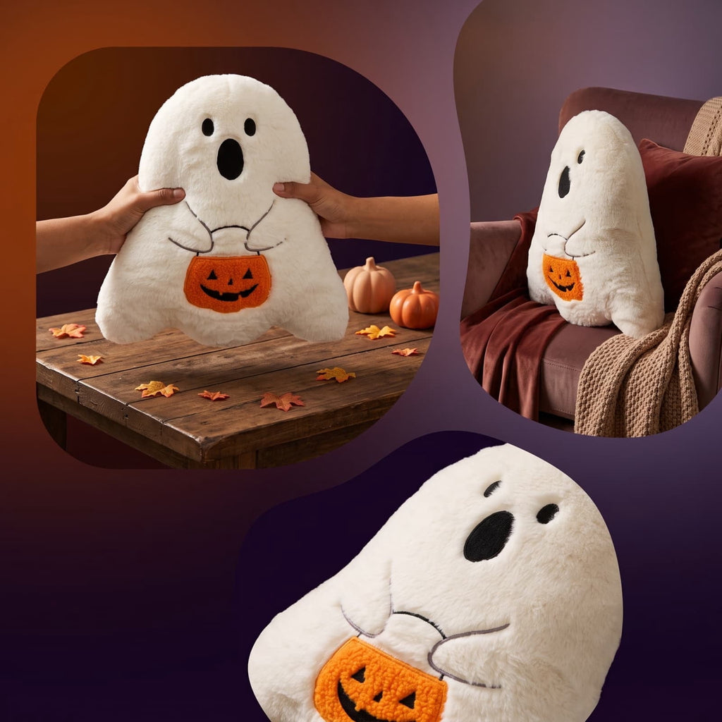 Cute Reading Ghost Plush Throw Pillow, Halloween Book & Pumpkin Bucket Ghost Stuffed Cushion, Spooky Season Decorative Pillow, for Sofa, Bedroom, Party Decor