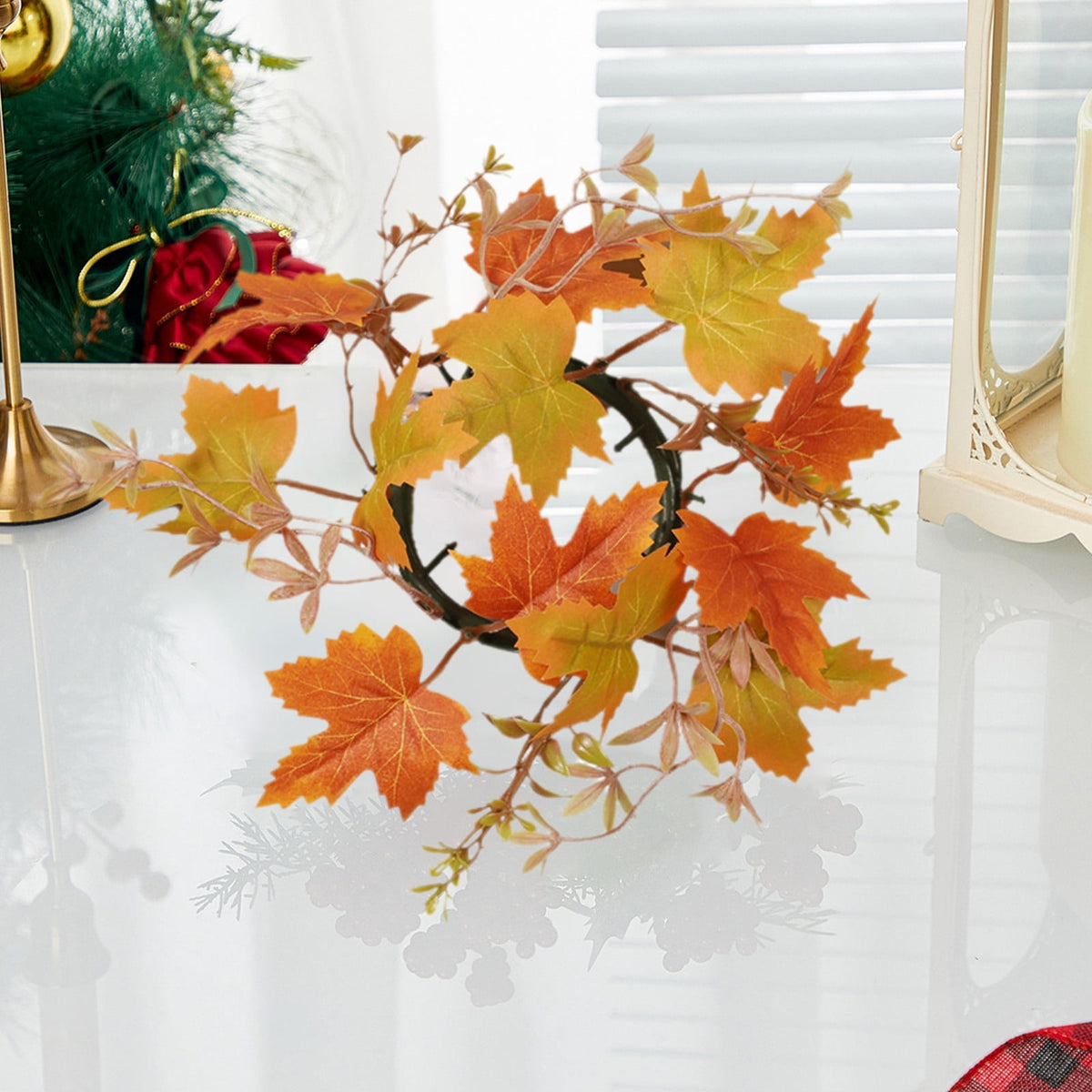 Guozer 1PCS Fall Candle Rings Wreaths Decorative Rattan Garland with Maple Leaf Berries for Thanksgiving Halloween Table Decor (No Light)