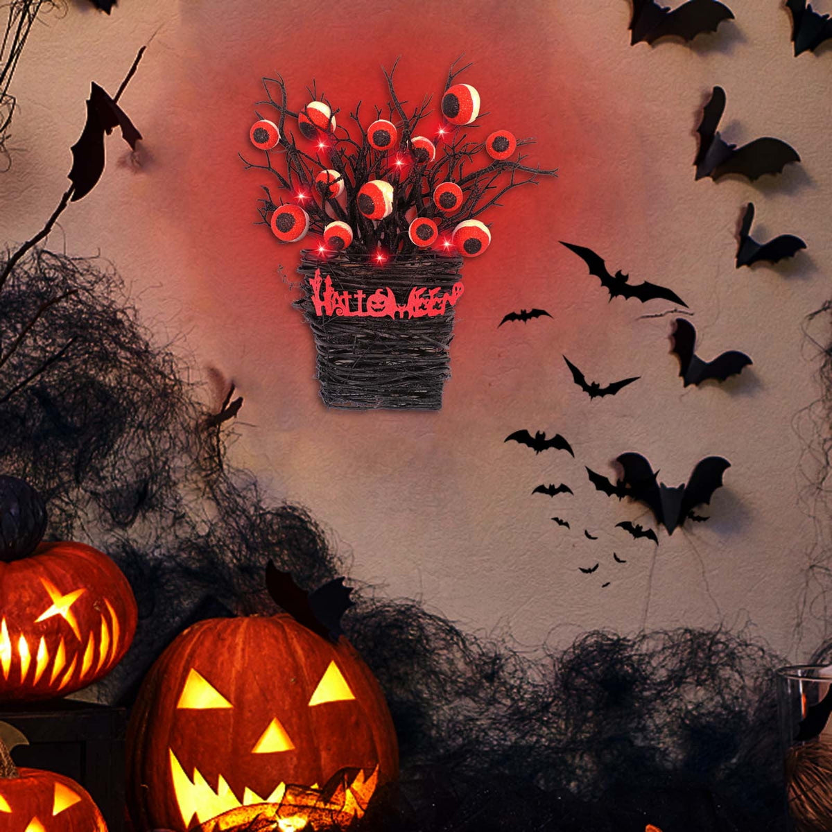 Halloween Wreaths for Front Door,Halloween Eyeball Wreaths LED Light Up Halloween Flower Basket Wreath Scary Vintage Halloween Wreaths for Home Door Wall Window Party Decorations