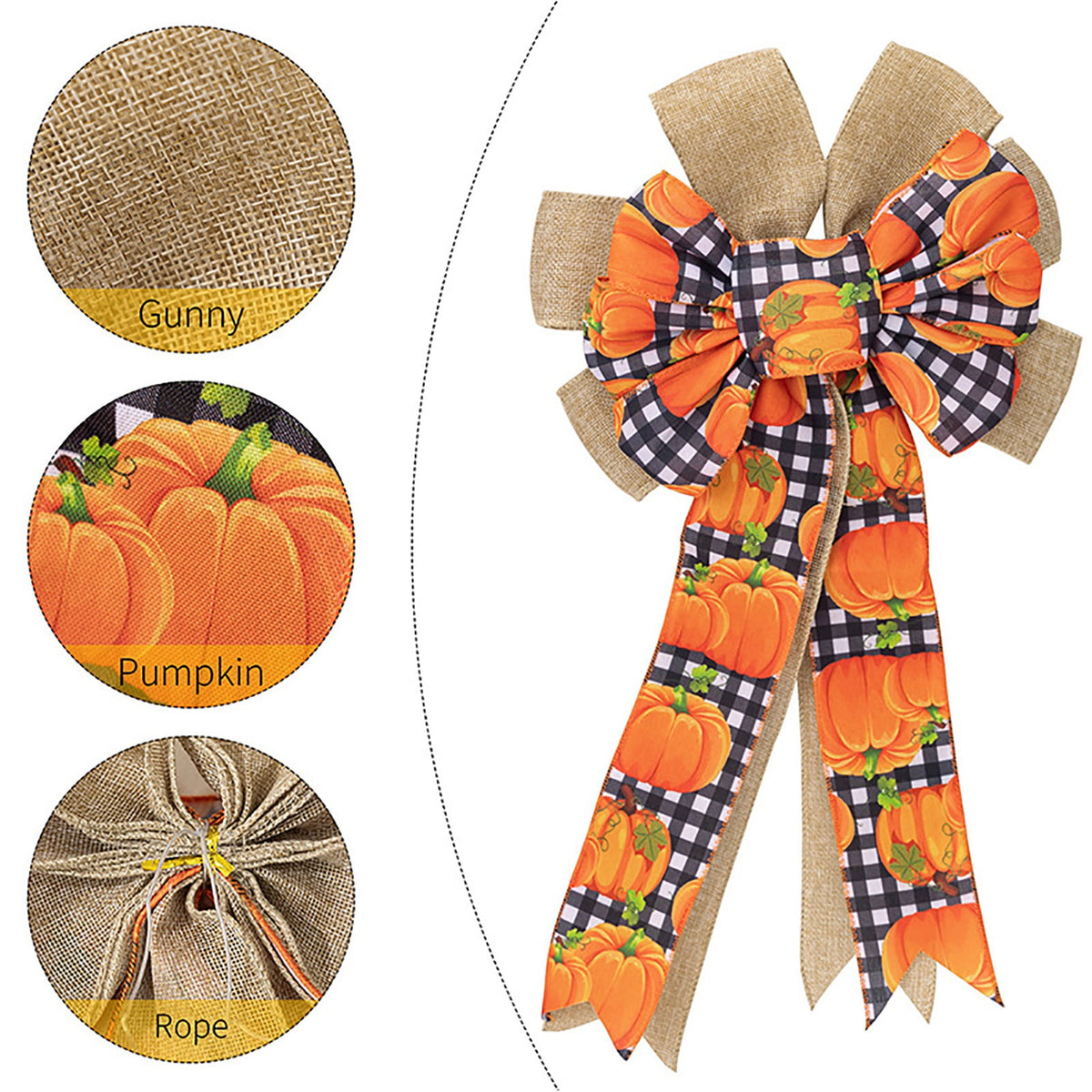 Large Thanksgiving Fall Bow For Wreaths Decorations For Home, Halloween Tree Topper Bow, Pumpkin Bow With Orange Buffalo Plaid Burlap For Front Door Wreath Home Indoor Outdoor Decor