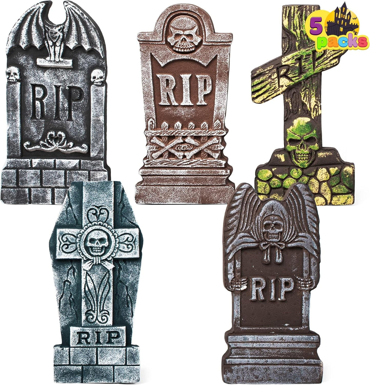 Joyfy 5 Pack Halloween Tombstone Outdoor Decorations,17 Inch Foam RIP Cemetery Headstone Decoration and 12 Halloween Yard Lawn Decoration Metal Stakes