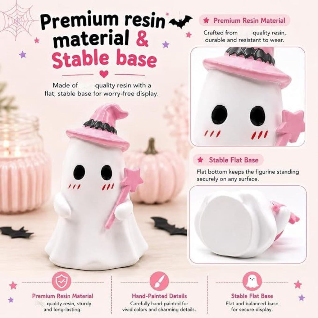 Pink Halloween Decor Ghost Candy Bowl Figurine with Bow and Scalloped Holder for Indoor Tabletop Decor and Party Favor Display