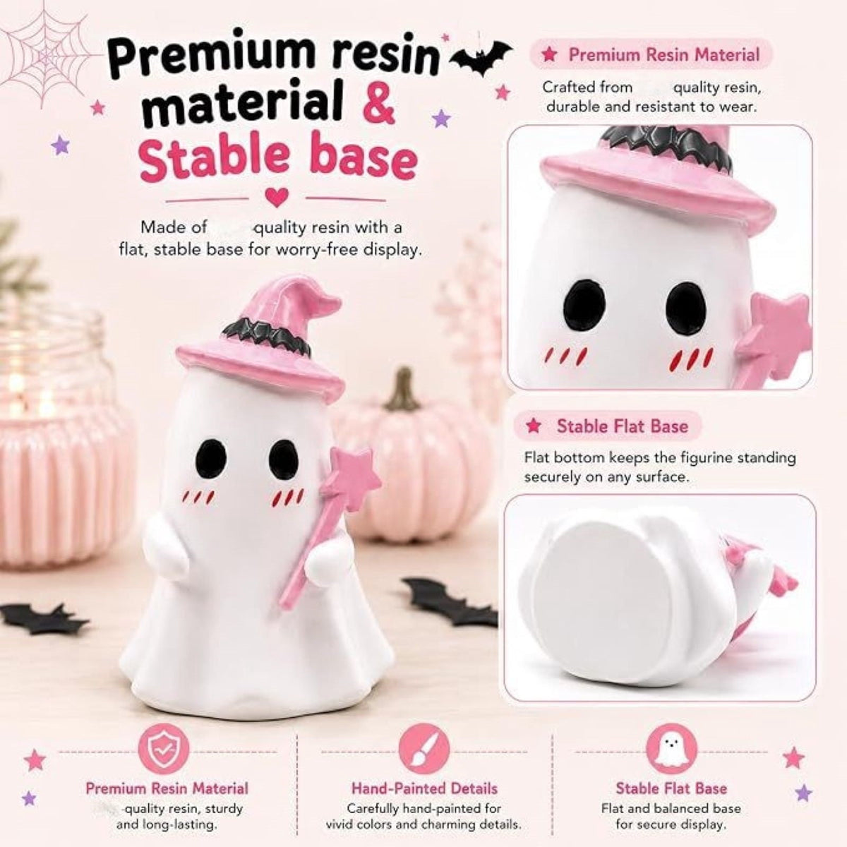 Pink Halloween Decor Ghost Candy Bowl Figurine with Bow and Scalloped Holder for Indoor Tabletop Decor and Party Favor Display