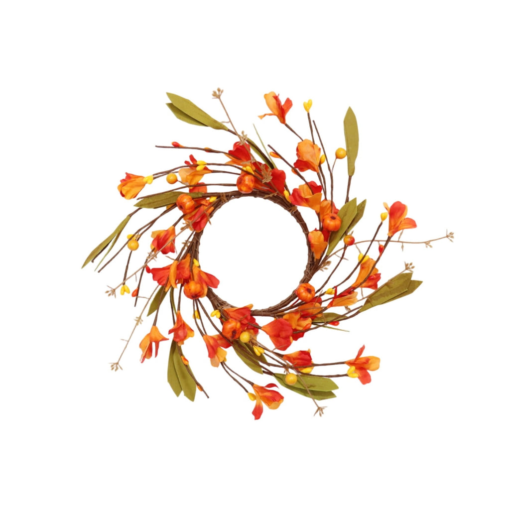 Qocolcyl 12in Faux Pumpkin Floral Fall Wreath, Fake Autumn Flower Berry Candle Ring, Small Twig Wreath for Front Door Mantel Dining Table Indoor Outdoor Thanksgiving Halloween Farmhouse Decor
