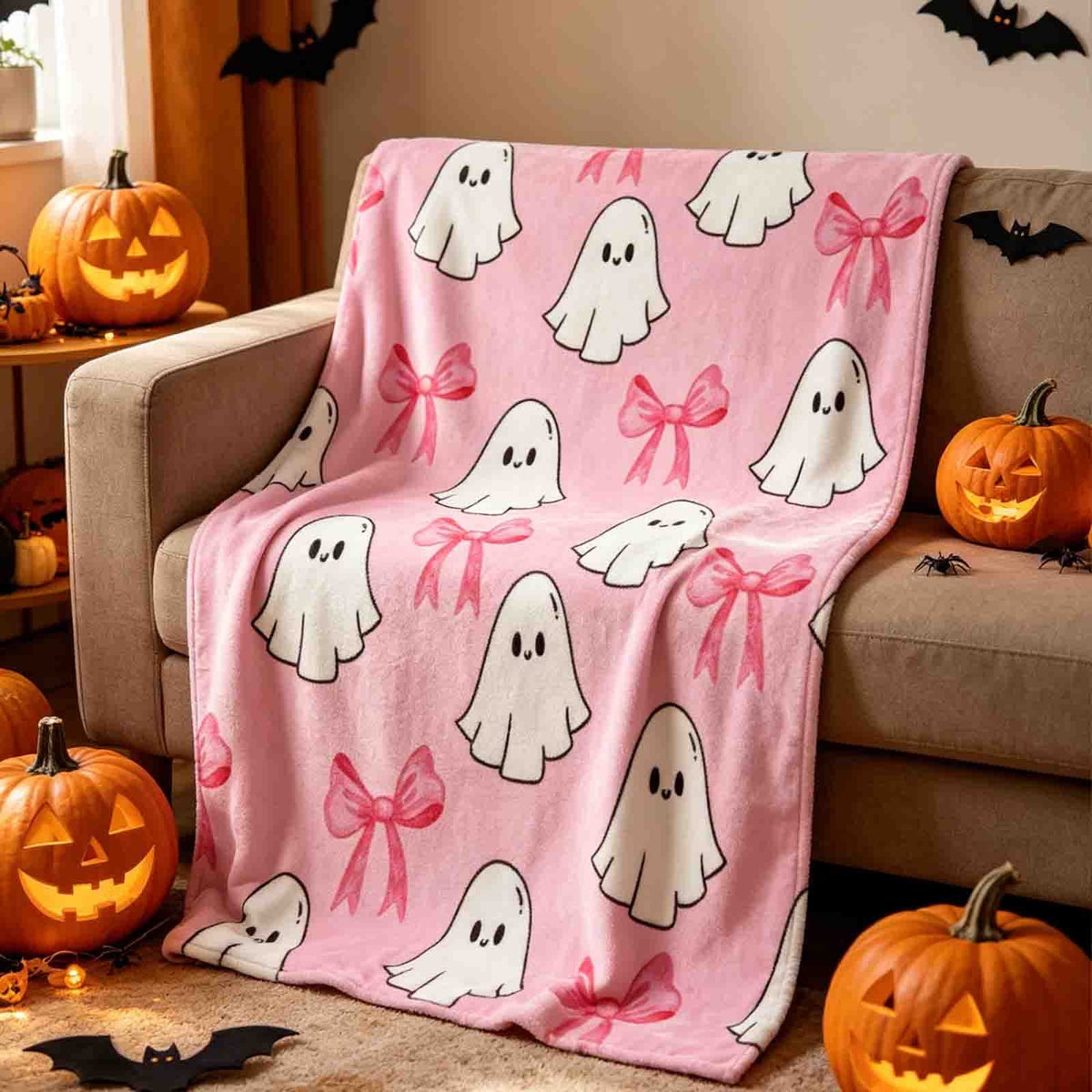 Halloween blanket,Halloween Print Throw Blanket Flannel Soft Cozy Decorative Nap Blanket with Ghost Pumpkin Skull for Office Bedroom Sofa Camping Travel(100x150cm/39x59 Inch),Black