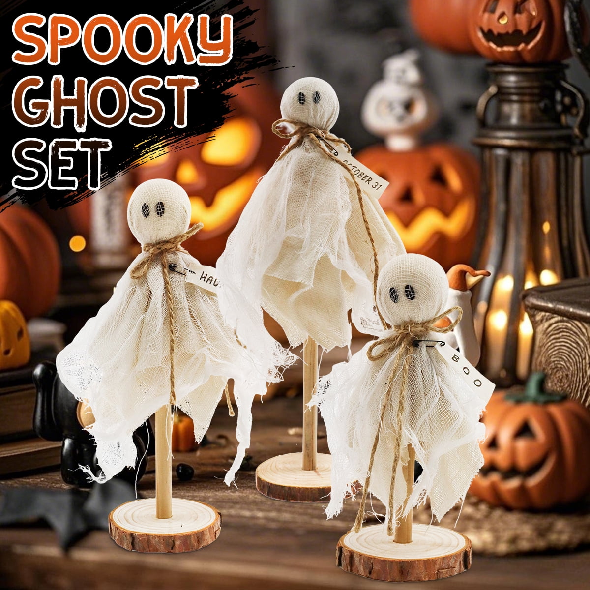 Halloween Decoration Indoor Primitive Halloween Wooden Cute Ghosts Decor Halloween Party Decorations for Table Centerpieces Shelves Mantels 3 Pcs
