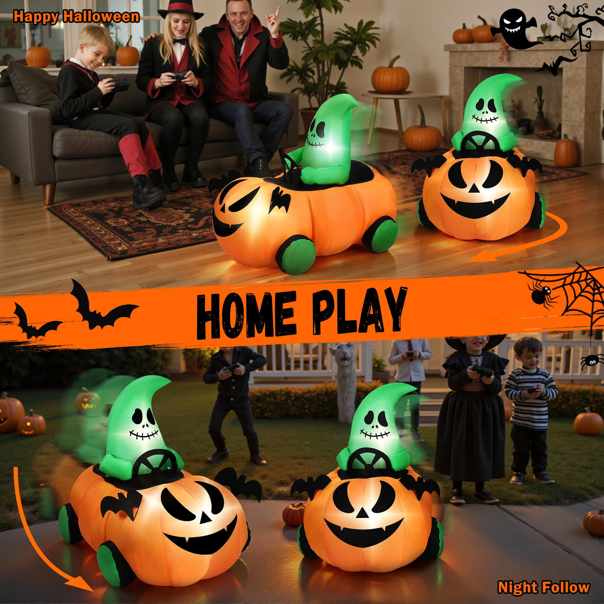 Firstness 2.4GHz Remote Control Halloween Inflatable Car Blow ups Pumpkin Ghost Rc Car,3 Music and LED Lights,360° Rotation,Aged 3+
