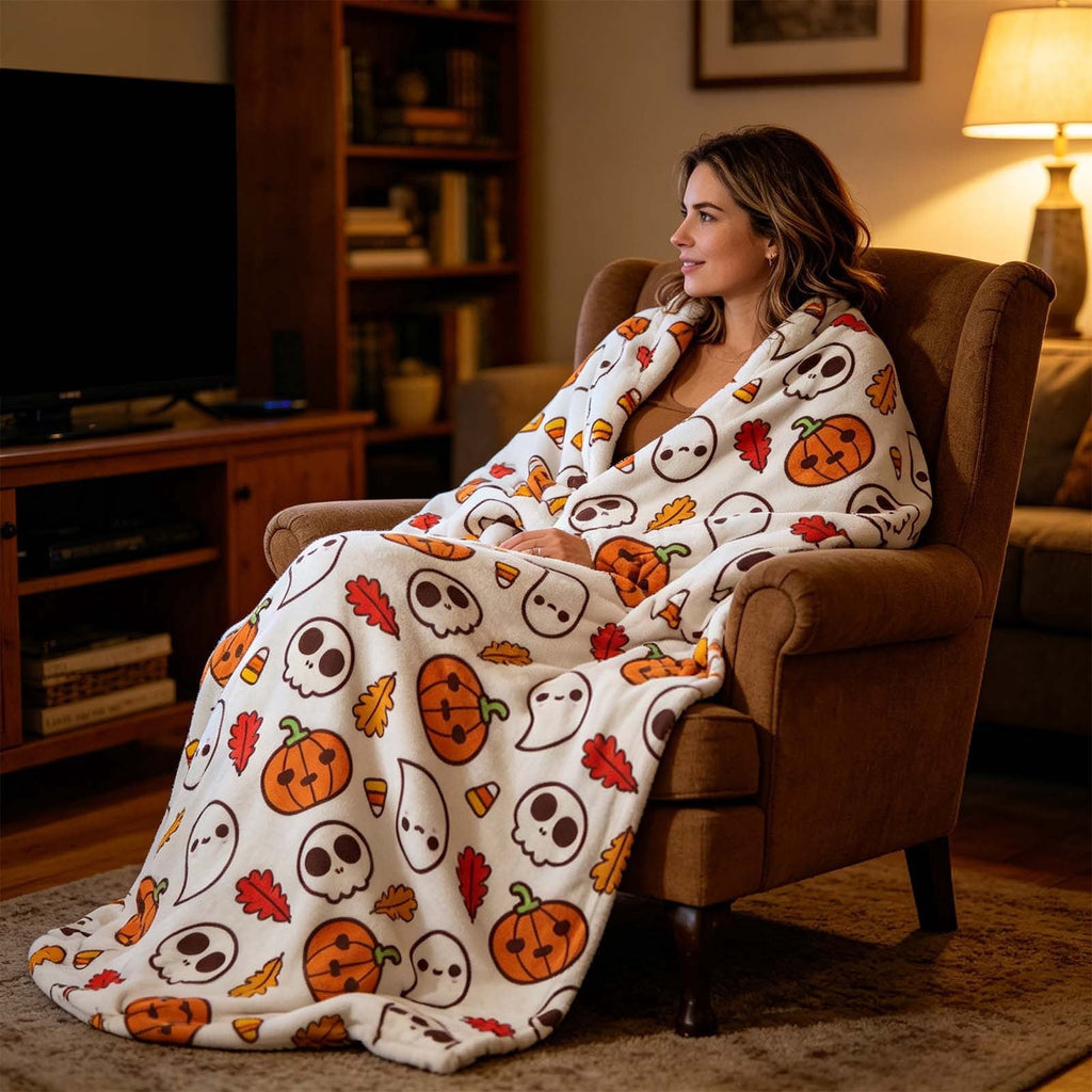 Halloween blanket,Halloween Print Throw Blanket Flannel Soft Cozy Decorative Nap Blanket with Ghost Pumpkin Skull for Office Bedroom Sofa Camping Travel(100x150cm/39x59 Inch),Black