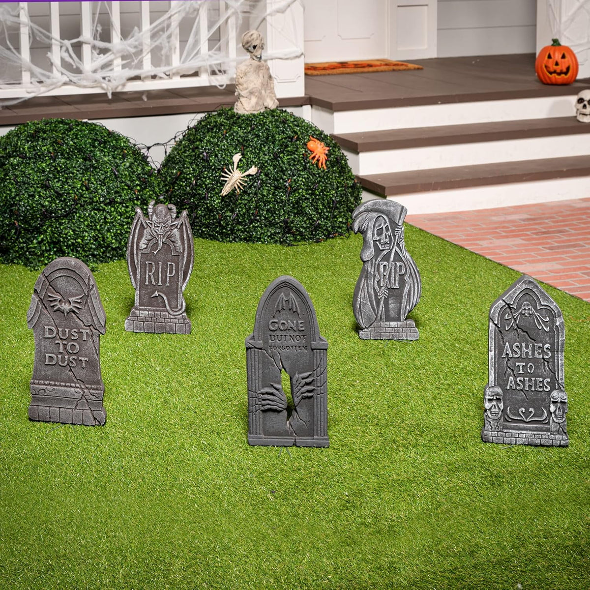 Joyfy 5 Pack Halloween Tombstone Outdoor Decorations,17 Inch Foam RIP Cemetery Headstone Decoration and 12 Halloween Yard Lawn Decoration Metal Stakes