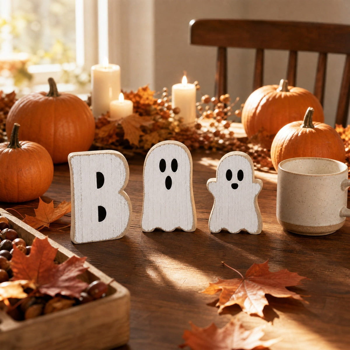 Miwamany 3 Pack Spooky Cute Ghost Wooden Figurine Set, Freestanding Lightweight Tabletop Ornament, Reusable Festival Decor for Home Kitchen Office Tiered Tray Halloween Centerpiece