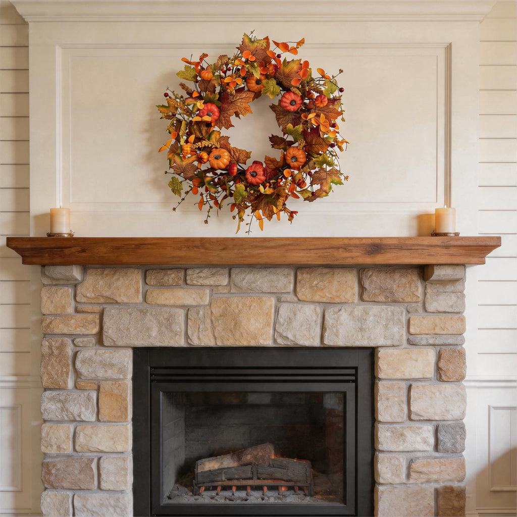 Fall Wreath Pumpkin Wreath for Front Door with Maple Leaves Harvest Wreath for Door Window Porch Thanksgiving Halloween Decor