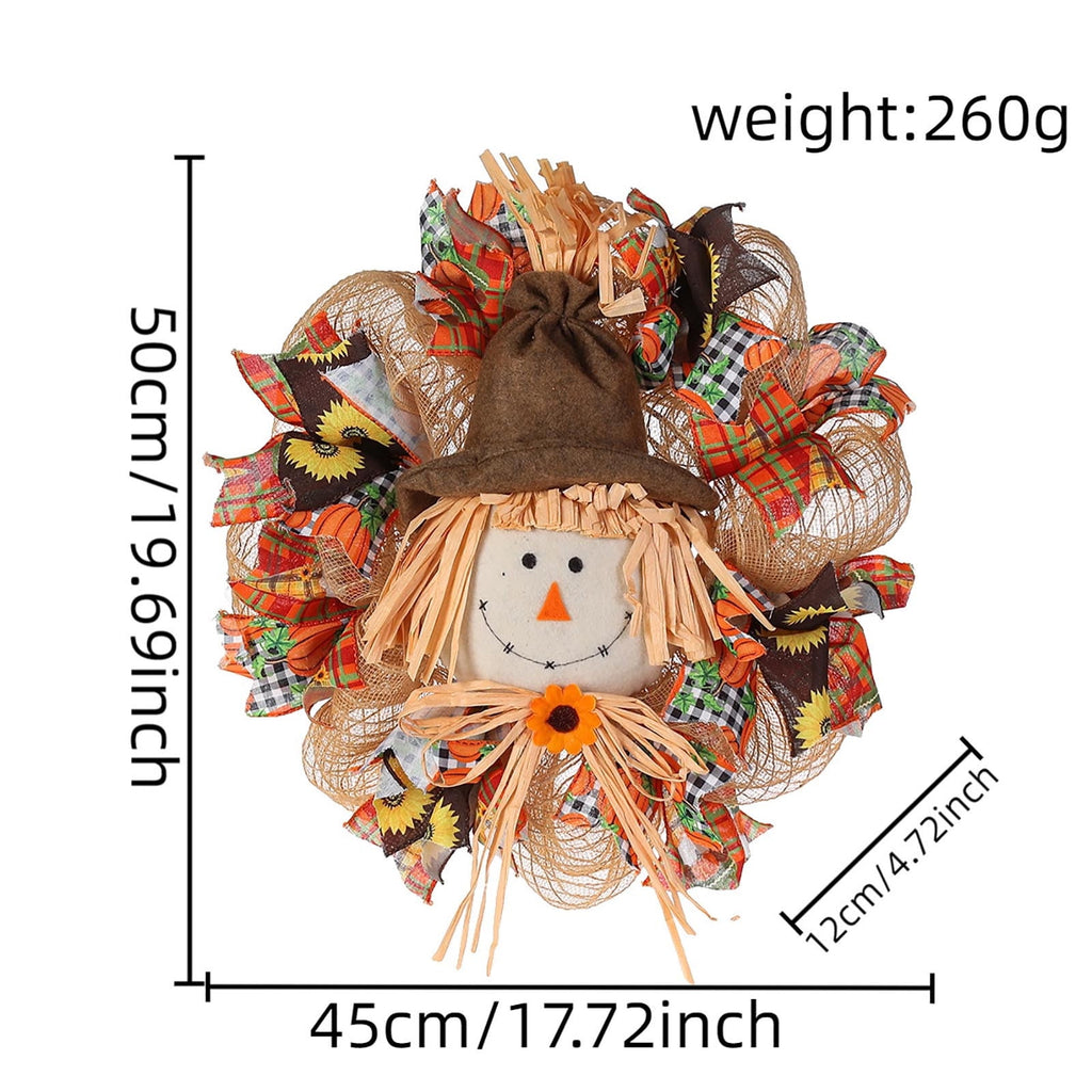 sruoe 24" Wreaths for Front Door Fall Cute Scarecrow Wreath with Hat Legs Sunflower for Halloween Party Pendant, Wall Window Decor, Festival Outdoor Hanging Ornament