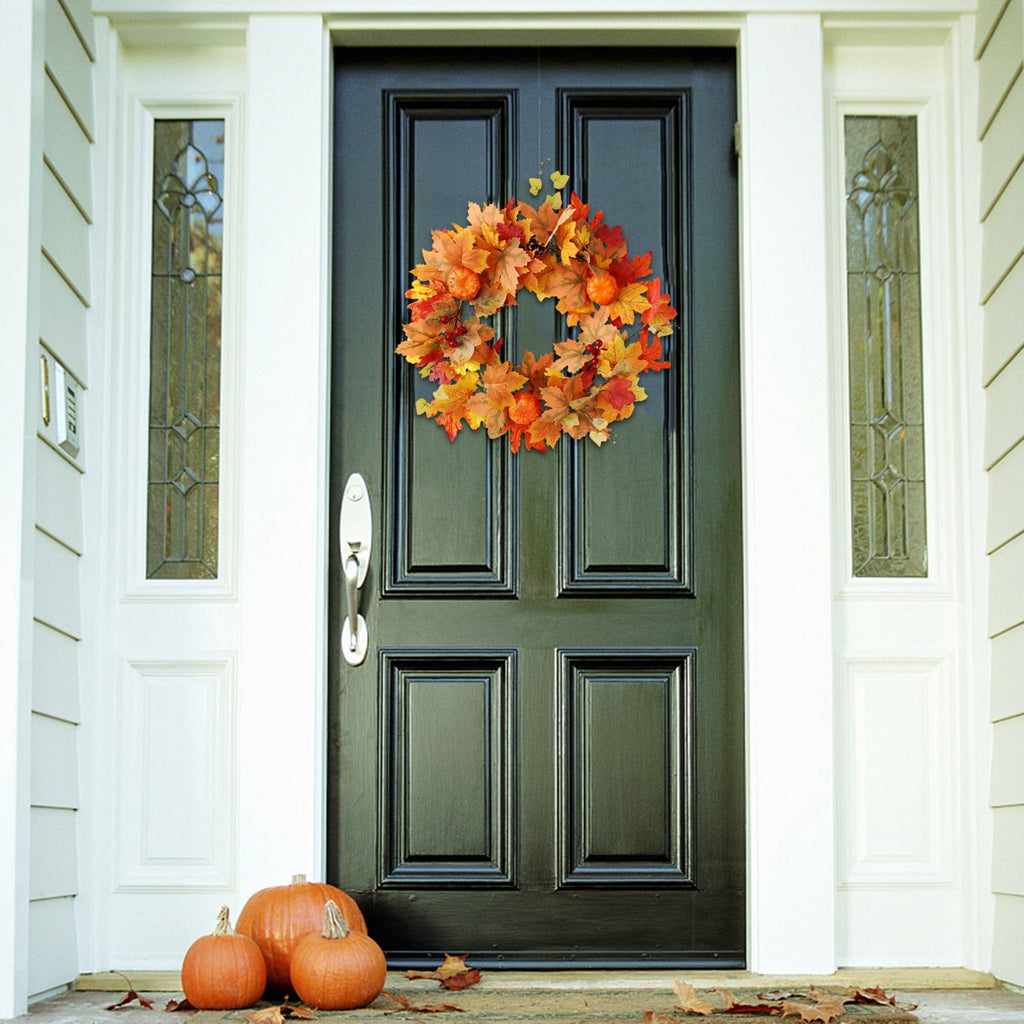 Wadada 20 Inch Fall Wreath Front Door Thanksgiving Wreath Autumn Harvest Wreath Artificial Farmhouse Wreaths Indoor Outdoor Halloween Decoration with Pumpkins Berry Maple Leaf Cone for Home Decor