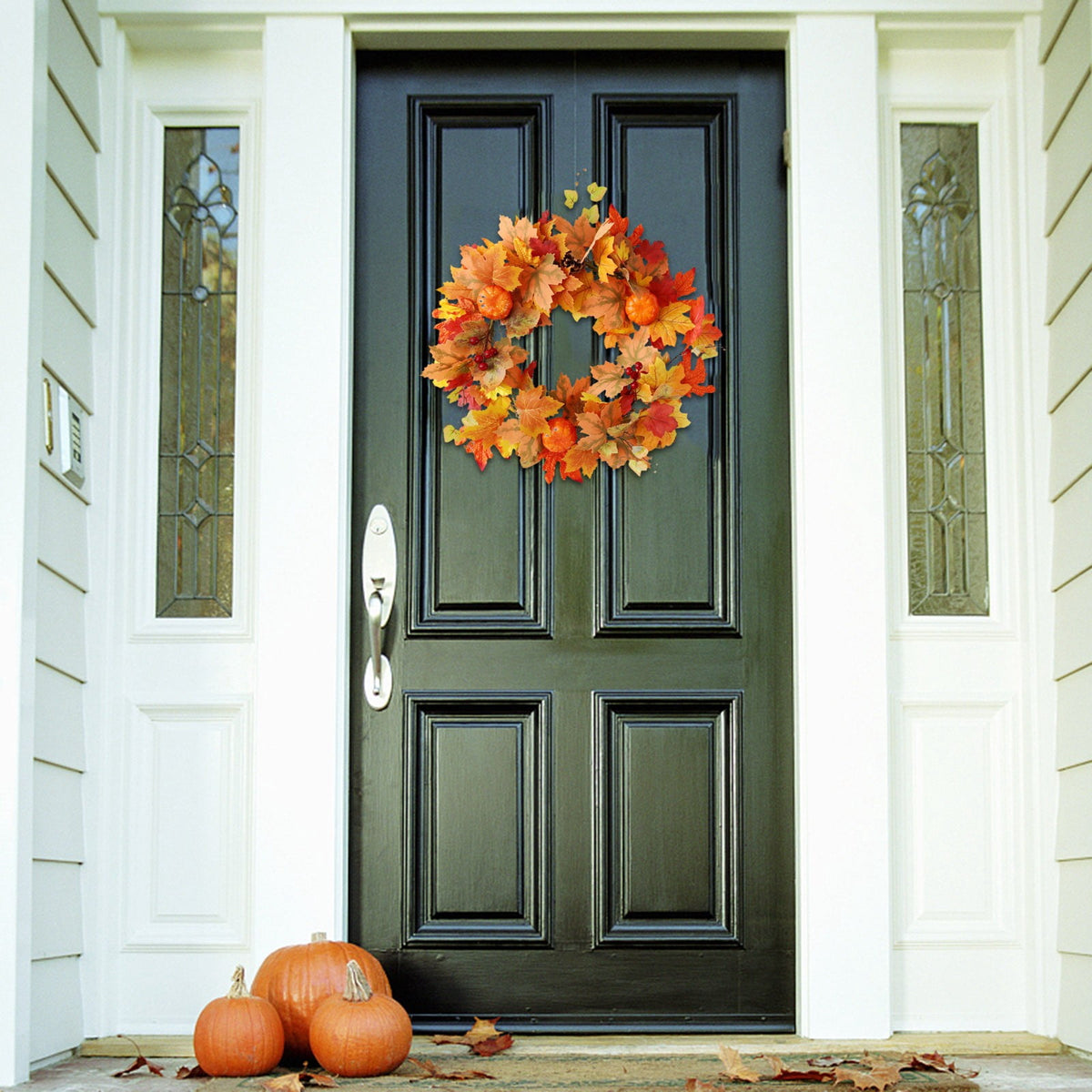 Wadada 20 Inch Fall Wreath Front Door Thanksgiving Wreath Autumn Harvest Wreath Artificial Farmhouse Wreaths Indoor Outdoor Halloween Decoration with Pumpkins Berry Maple Leaf Cone for Home Decor