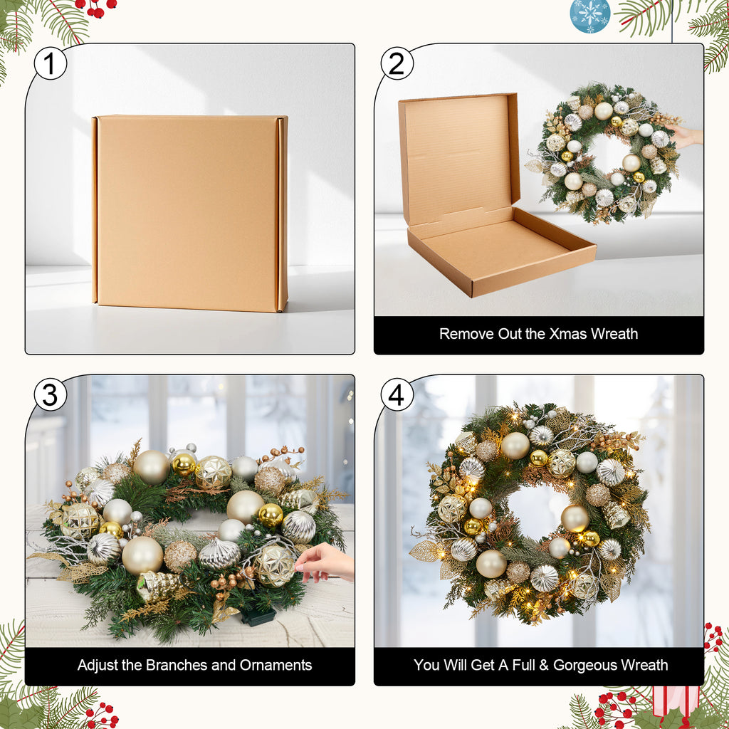 JoanKaren 24 inch Large Christmas Wreath Silver White with 20 LED Lights,Prelit Xmas Wreath w/ Ball Ornaments Pine Cone