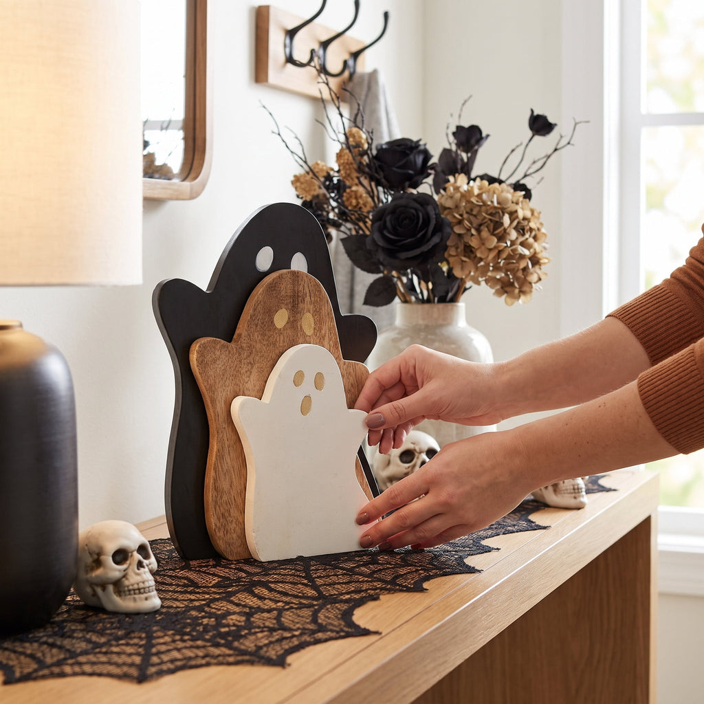 Wooden Ghost Decoration Set, Black/Natural/White, 3 Pieces, Halloween by Way To Celebrate