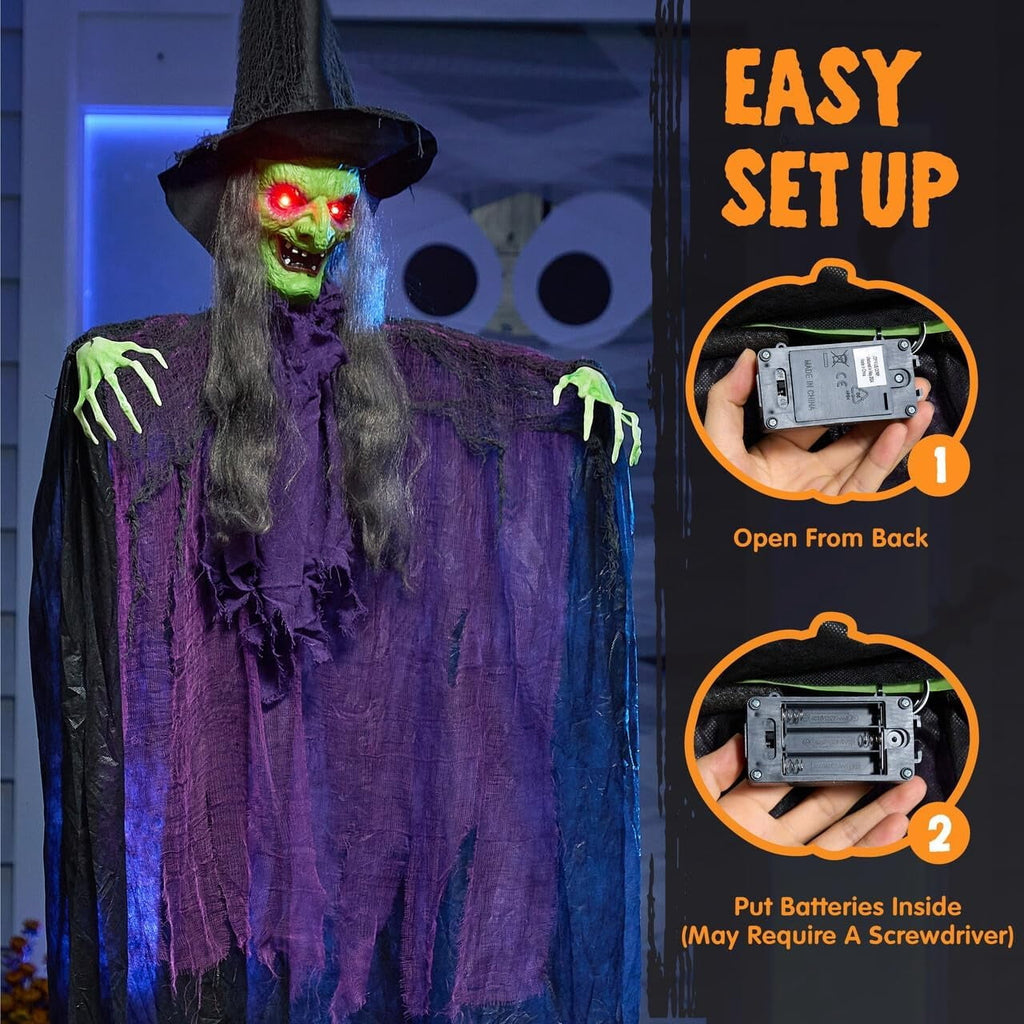 Joyfy 6ft Halloween Witch Decoration,Outdoor Scary Halloween Animatronic Hanging Witch with Light Up Eyes and Sound Decoration for Halloween Outdoor